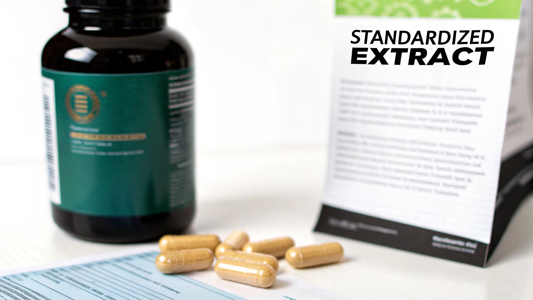 A dark green supplement bottle, several light brown capsules, and a brochure about standardized extract.