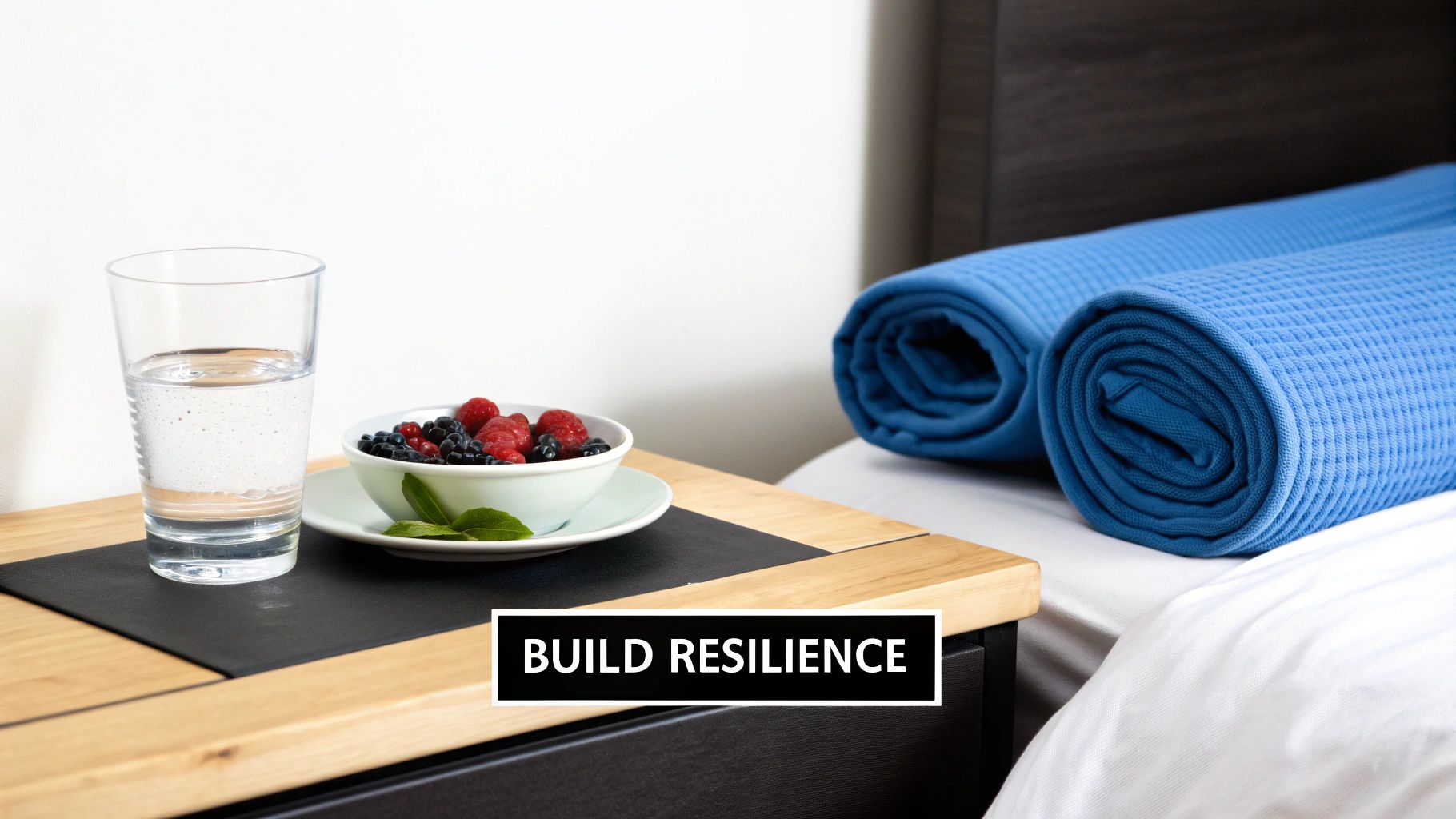 A glass of water, fresh berries, and rolled blue blankets on a bedside table promoting wellness.