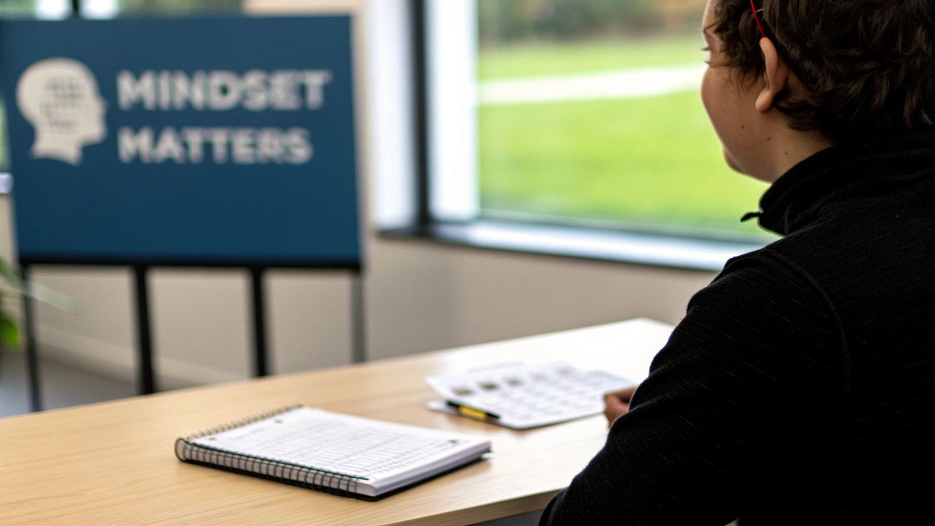 Person at a desk looking out a window, with a "MINDSET MATTERS" sign nearby.