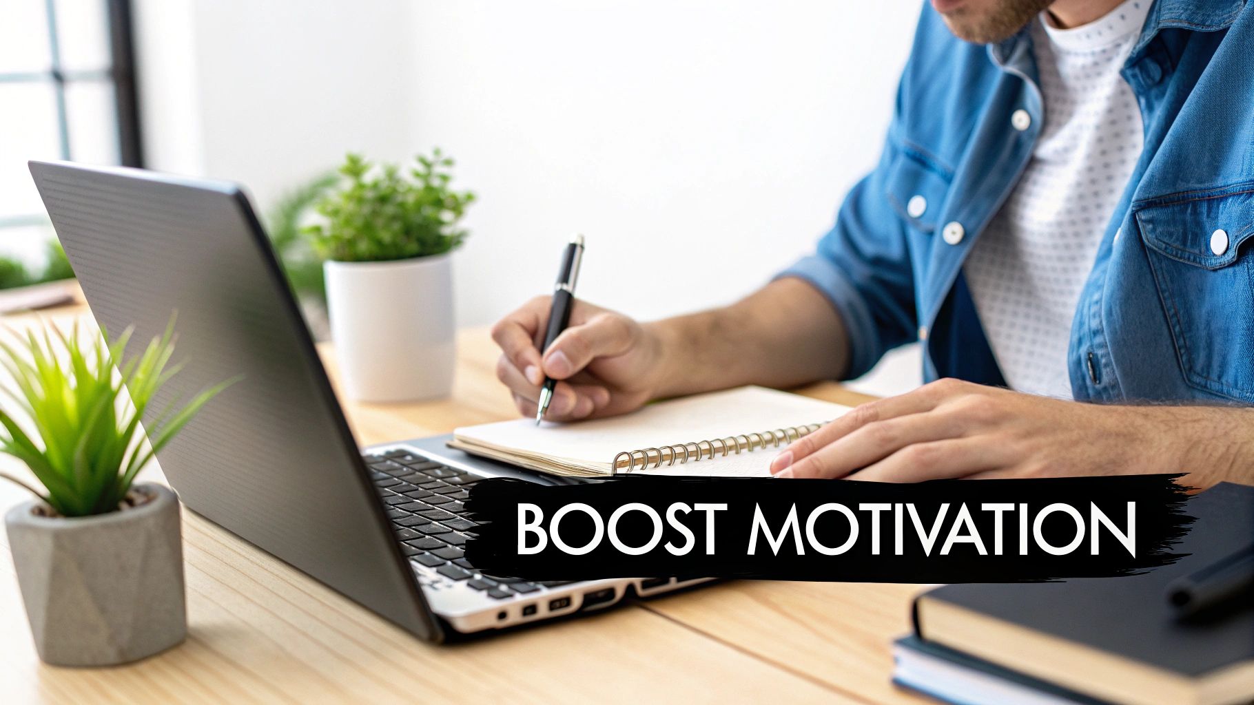 A person writing notes in a notebook at a bright desk with a laptop and potted plants, highlighting 'BOOST MOTIVATION'.