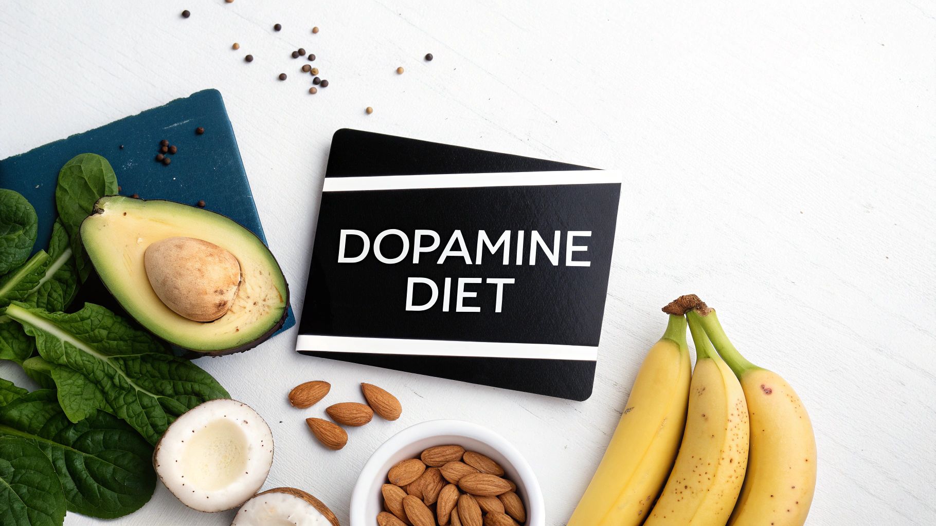 Flat lay of a black notebook with 'DOPAMINE DIET' text, surrounded by healthy foods like avocado, spinach, bananas, coconut, and almonds on a white background.