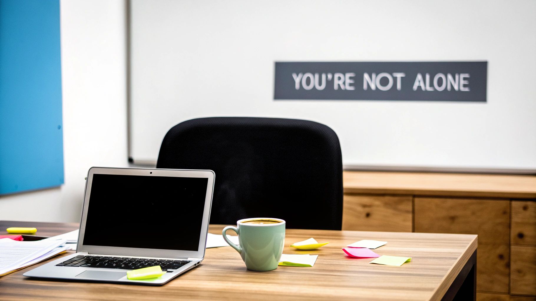 A well-lit office desk with a laptop, coffee, and sticky notes, with a 'YOU'RE NOT ALONE' sign.