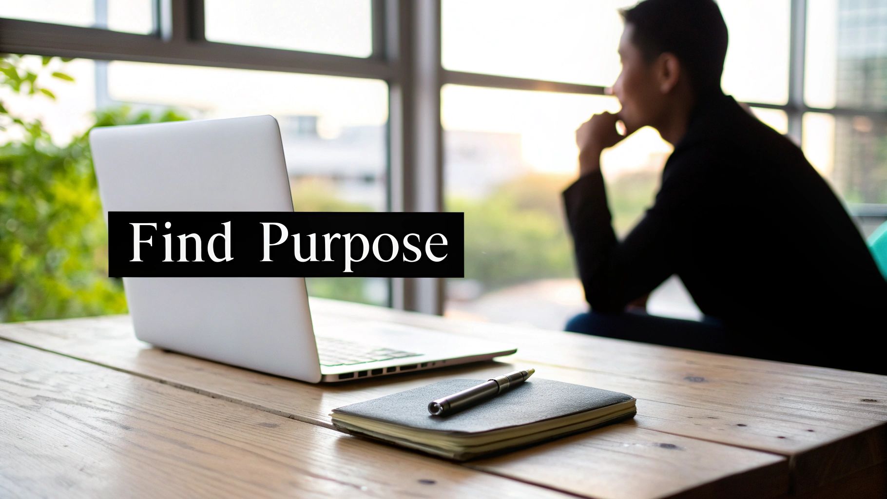 A man sits at a desk with a laptop and notebook, looking out a window, with text 'Find Purpose'.