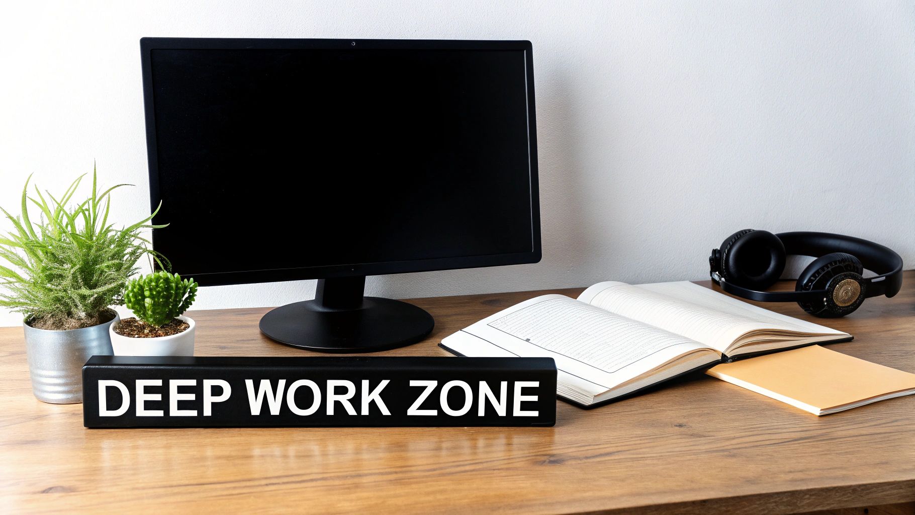 A 'Deep Work Zone' sign sits on a desk with a monitor, plants, open books, and headphones.