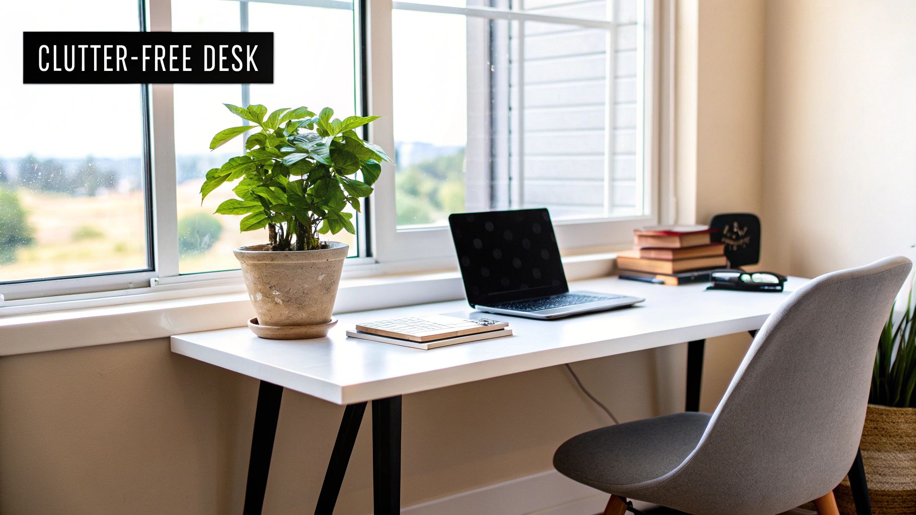 Natural Ways to Improve Focus with A clean, clutter-free desk by a sunny window with a laptop, plant, books, and an ergonomic chair.