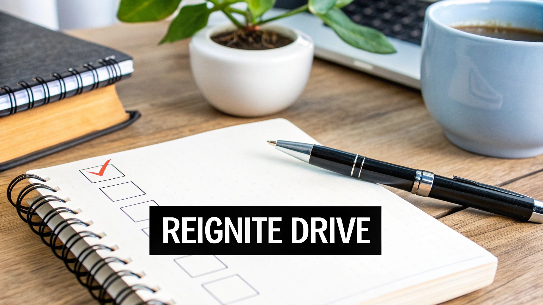 A spiral notebook on a wooden desk with a red checkmark, a pen, and the text 'REIGNITE DRIVE'.