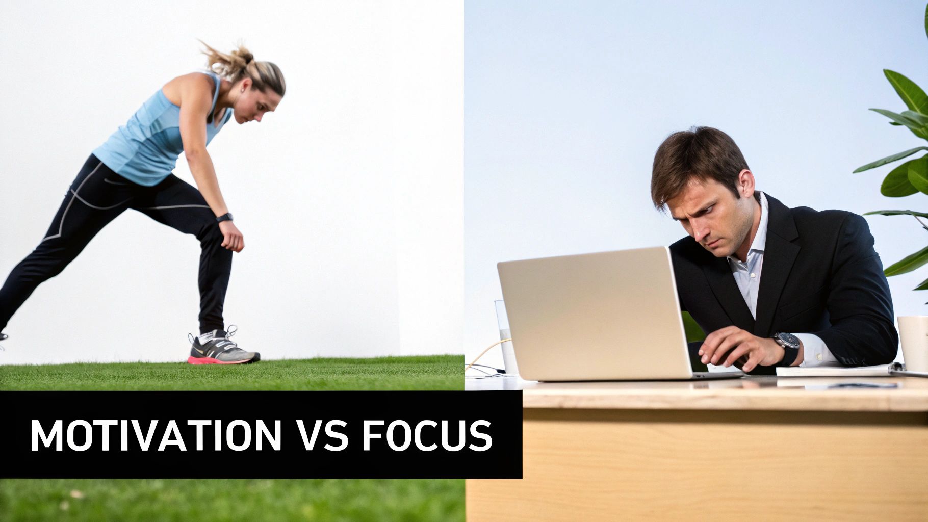 A split image showing a woman stretching and a man working on a laptop, with text 'Motivation vs Focus'.