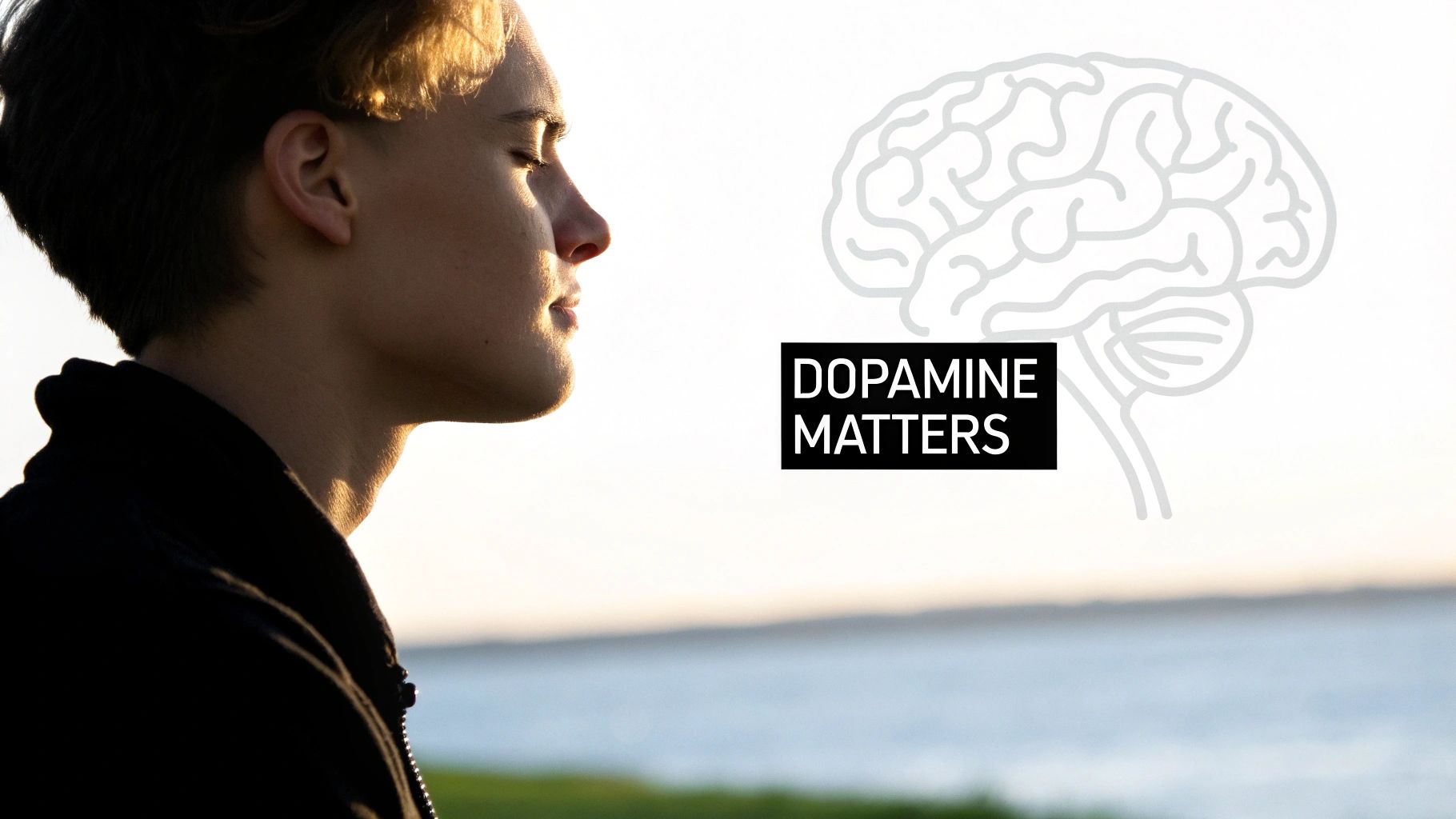 Side profile of a person with closed eyes, a brain graphic, and 'Dopamine Matters' text.