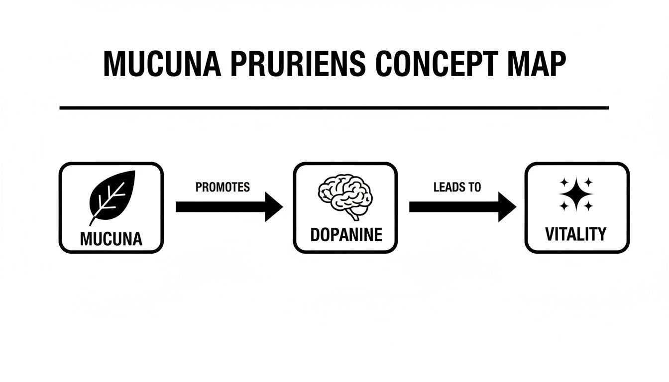 Concept map illustrating how Mucuna Pruriens promotes Dopamine, leading to Vitality.