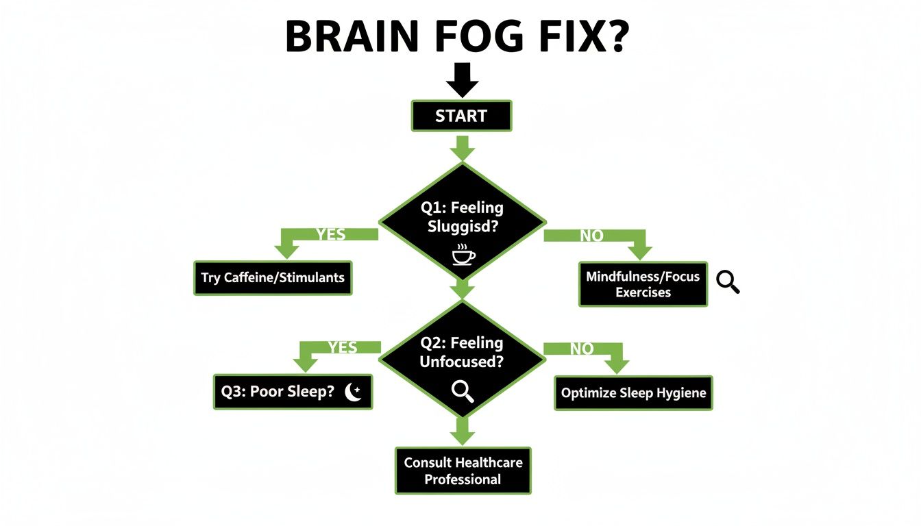A flowchart titled "Brain Fog Fix?" outlines steps to address sluggishness, unfocused feelings, and poor sleep.