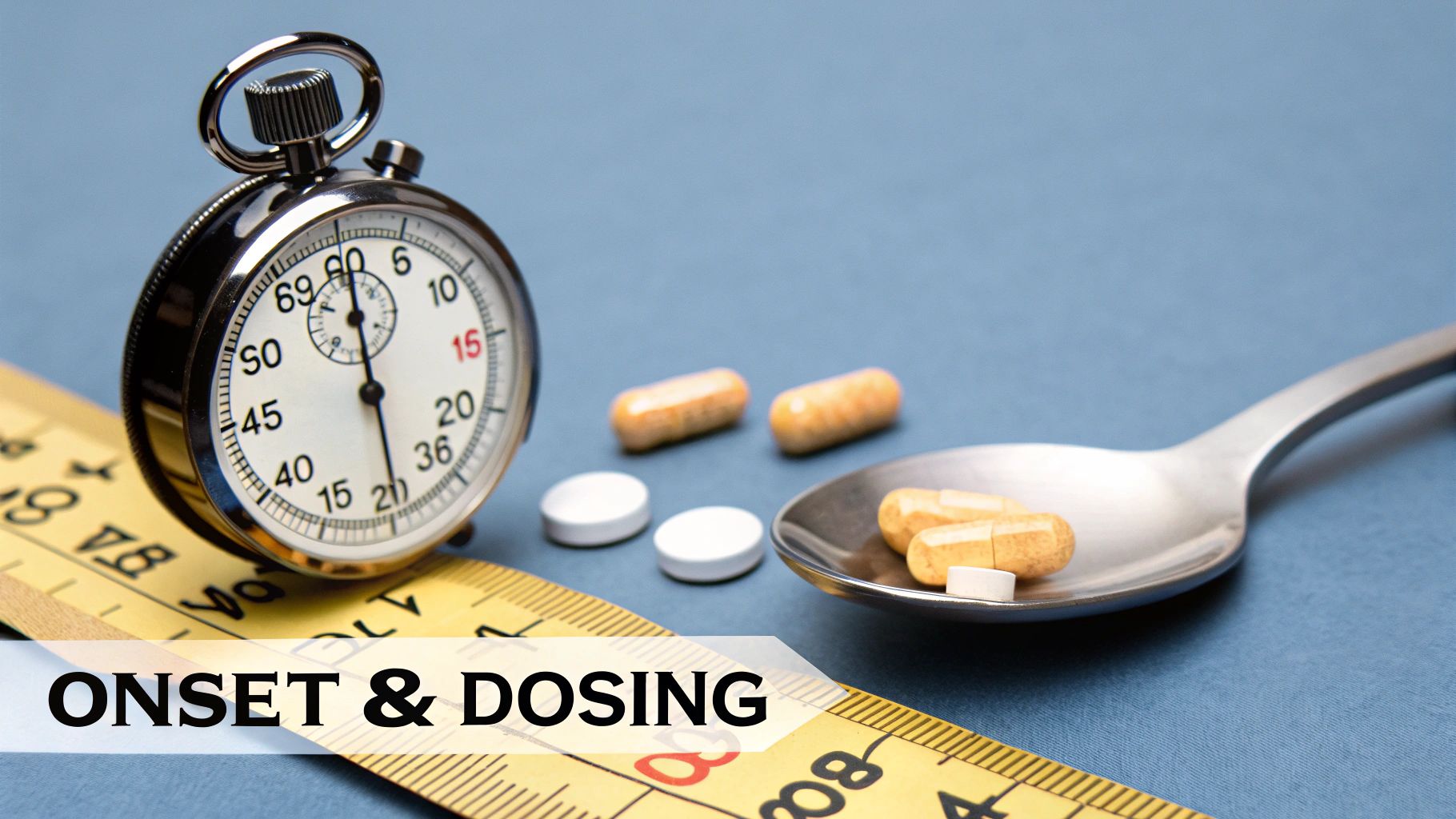A stopwatch, measuring tape, and various pills on a spoon, illustrating onset and dosing.