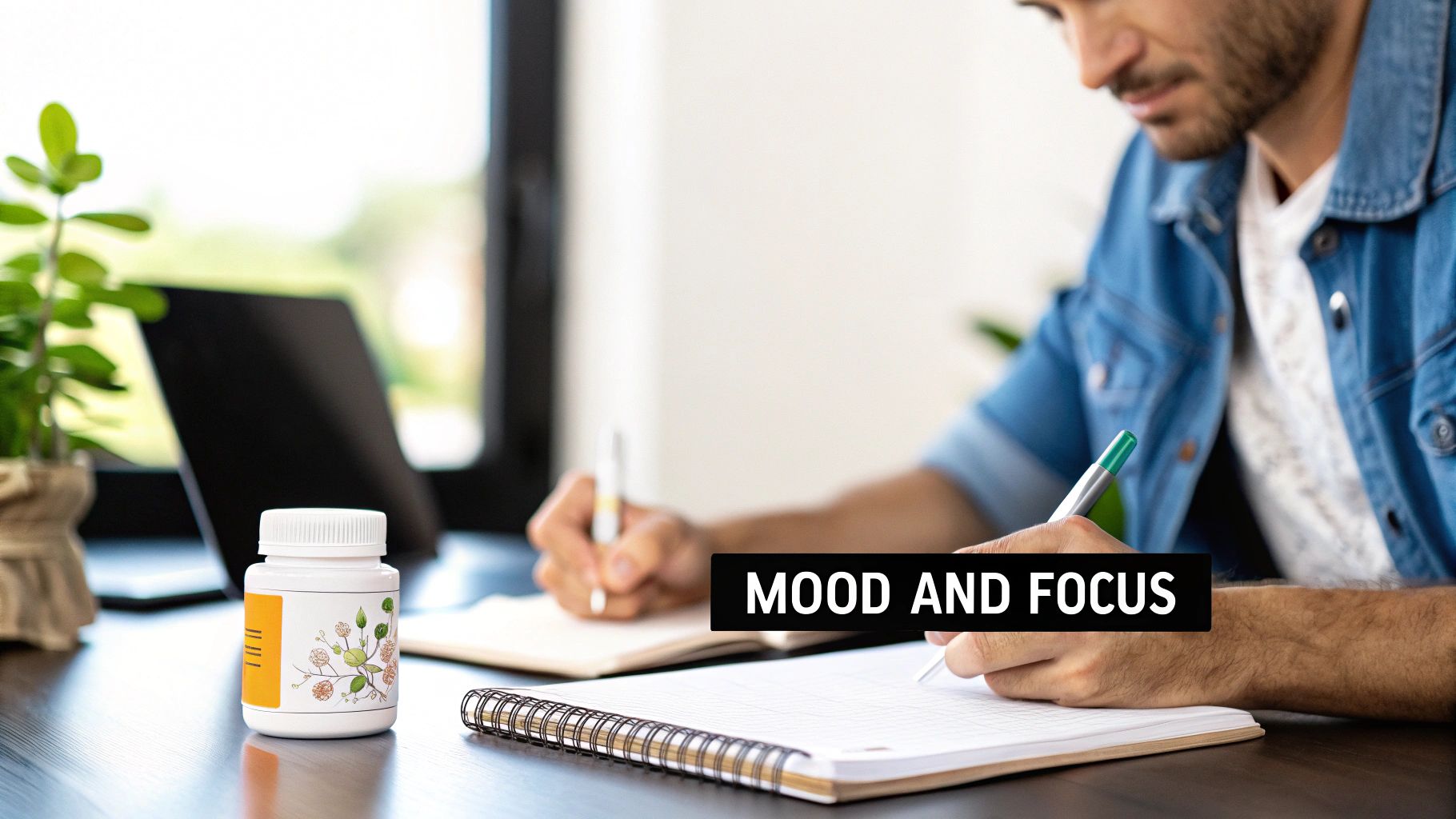 A man takes notes at a desk with a 'Mood and Focus' supplement bottle and laptop.