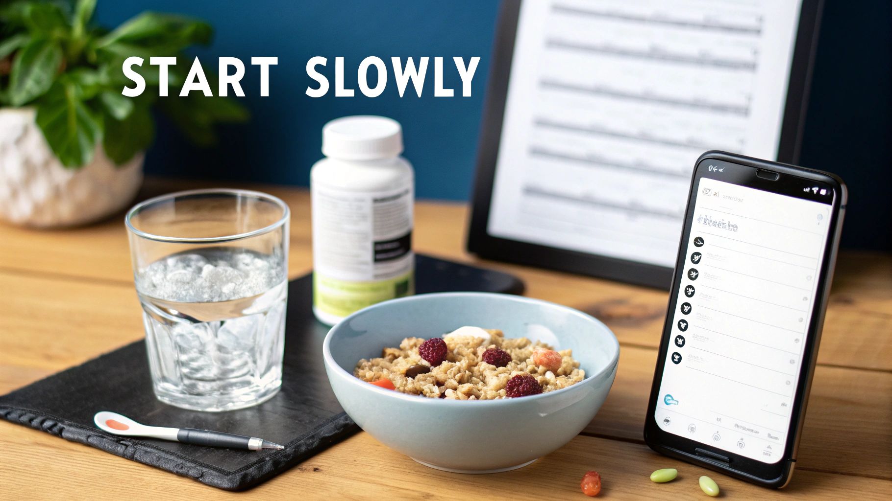 Healthy breakfast setup with a bowl of cereal, water, supplements, and a phone, showing a mindful start.