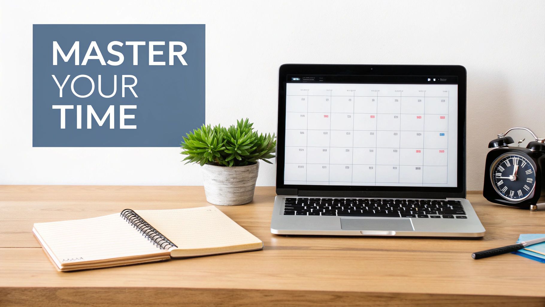 Clean desk with time management tools: calendar on laptop, notebook, alarm clock, and 'MASTER YOUR TIME' text.