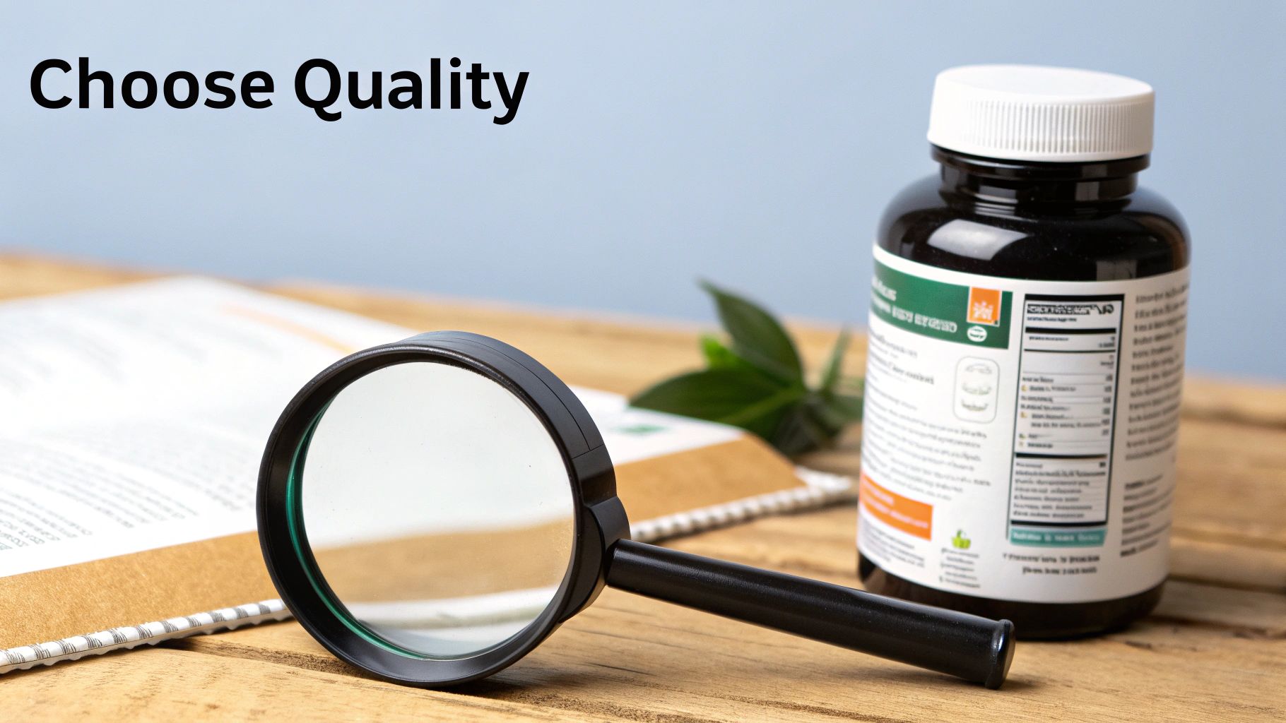 A magnifying glass and supplement bottle on a wooden desk, with text 'Choose Quality'.