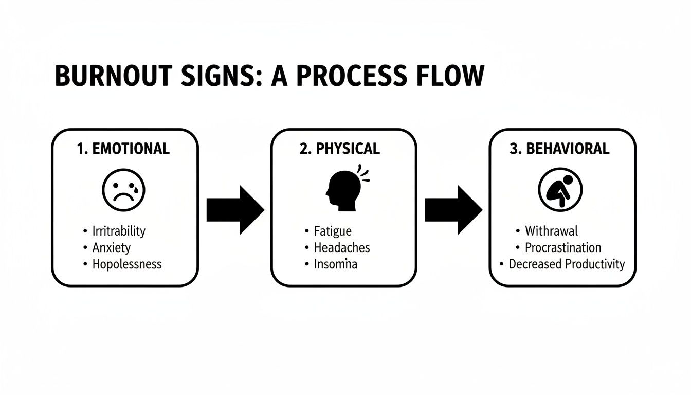 Flowchart illustrating burnout signs across three stages: emotional, physical, and behavioral symptoms.