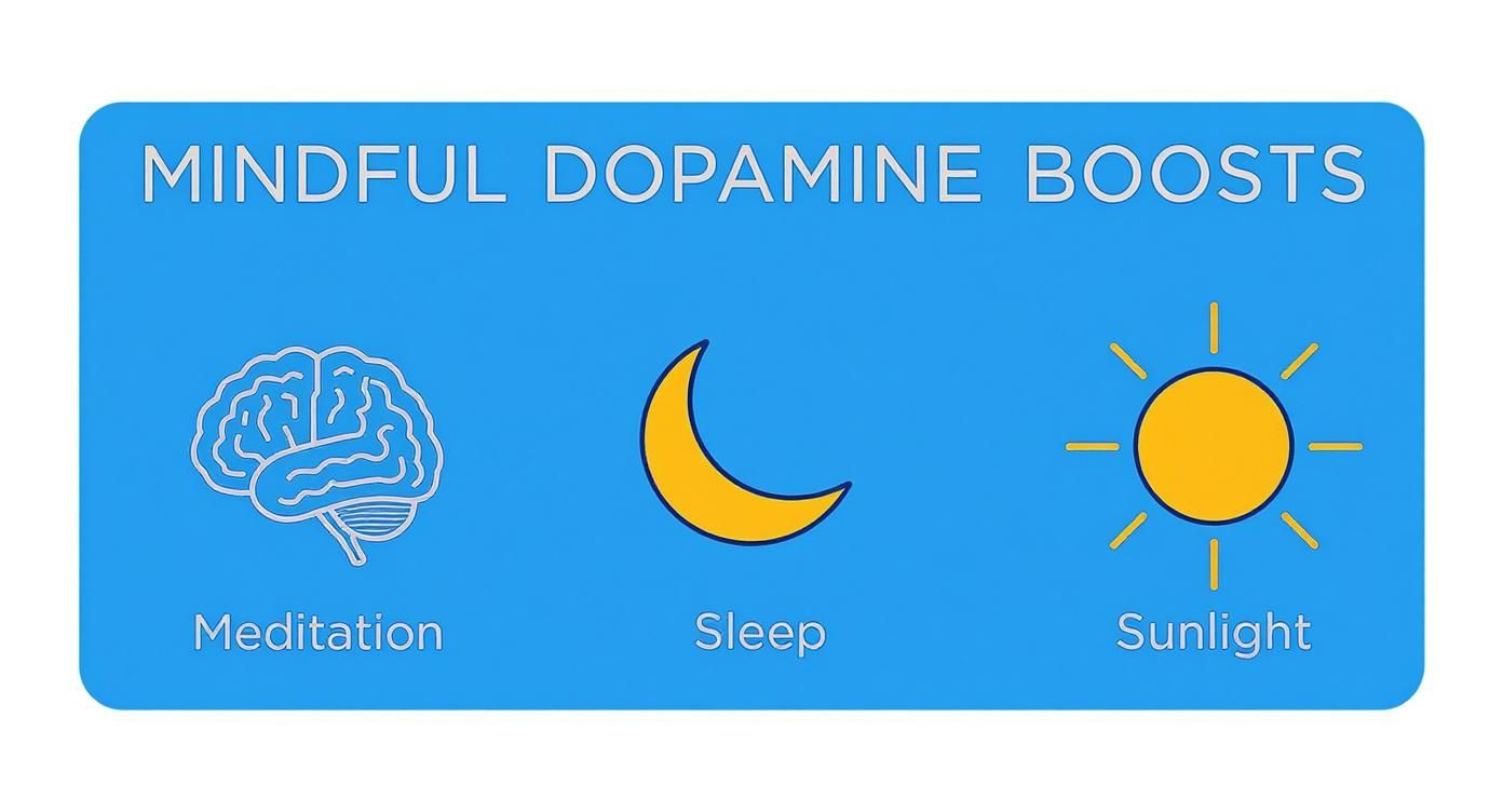 Infographic showing mindful dopamine boosts through meditation, sleep, and sunlight with brain, moon, and sun icons.