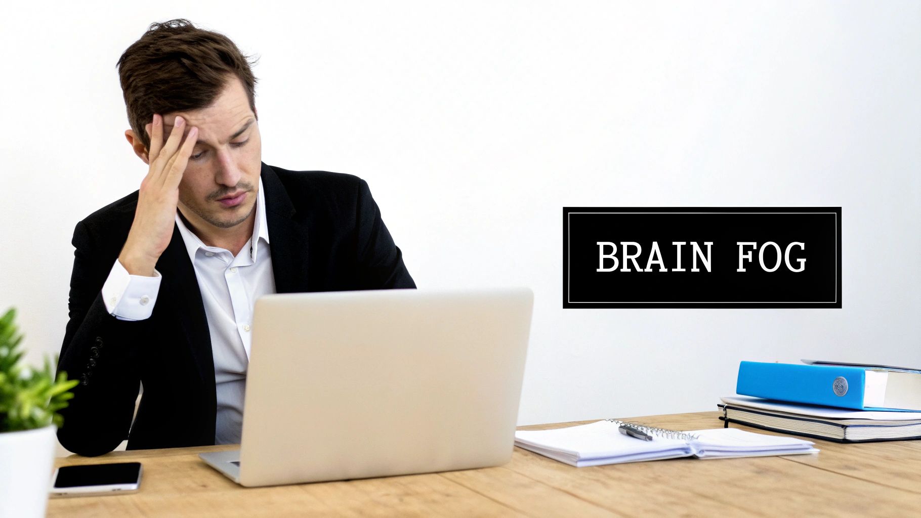 A stressed man with brain fog holds his head while looking at a laptop in an office.
