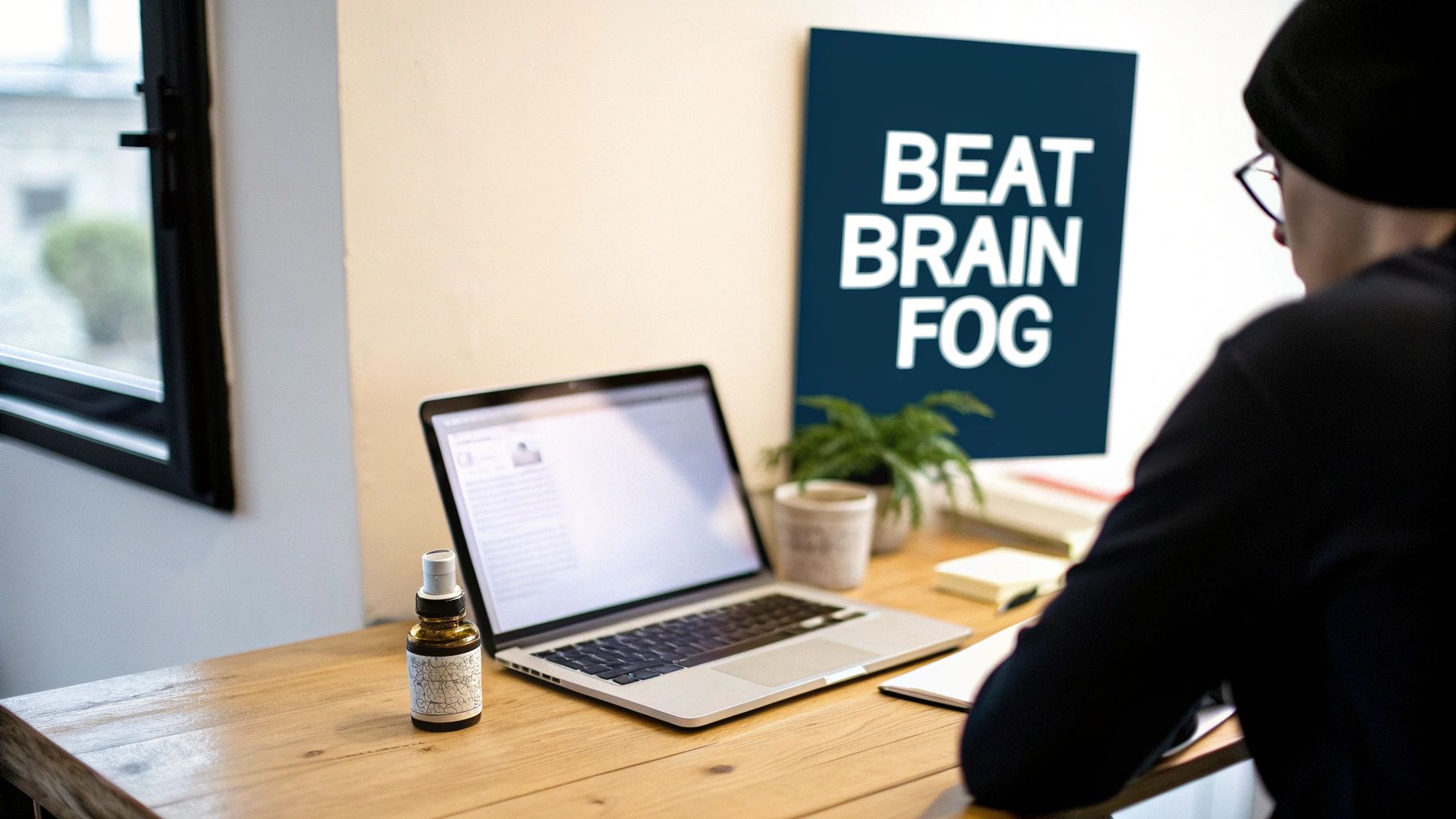 A person works on a laptop at a wooden desk with a 'BEAT BRAIN FOG' poster.