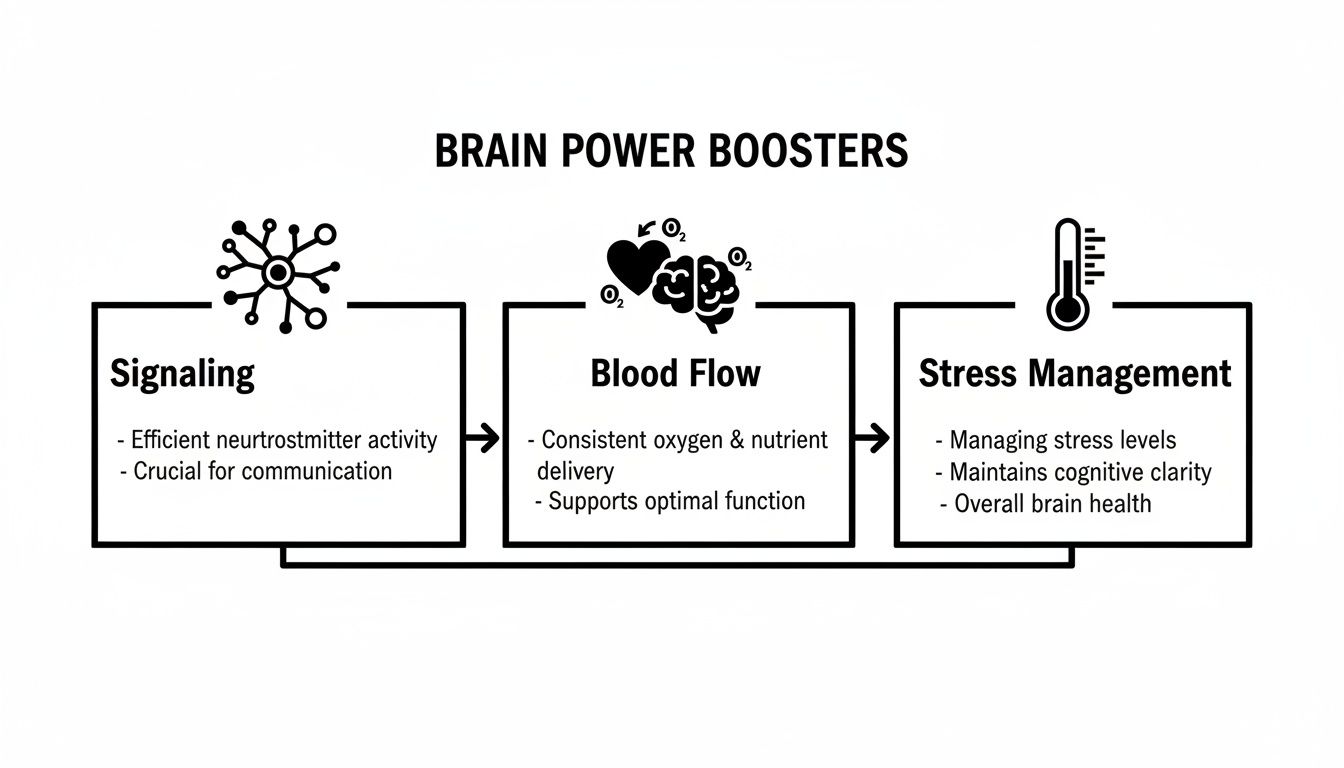 Infographic showing three brain power boosters: signaling, blood flow, and stress management, with their respective benefits.
