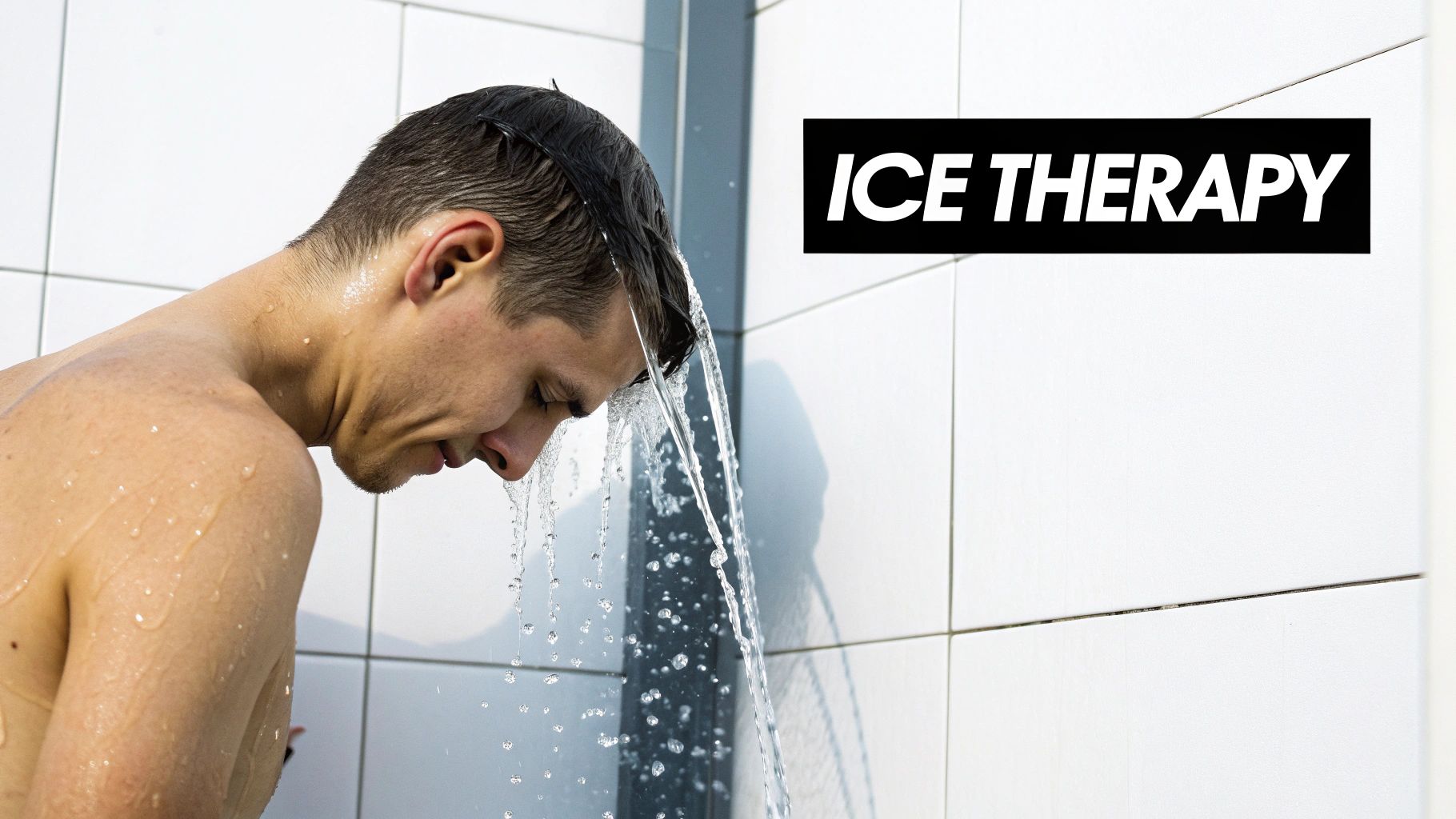 A man takes a cold shower, grimacing as water streams over his head, with "ICE THERAPY" text.