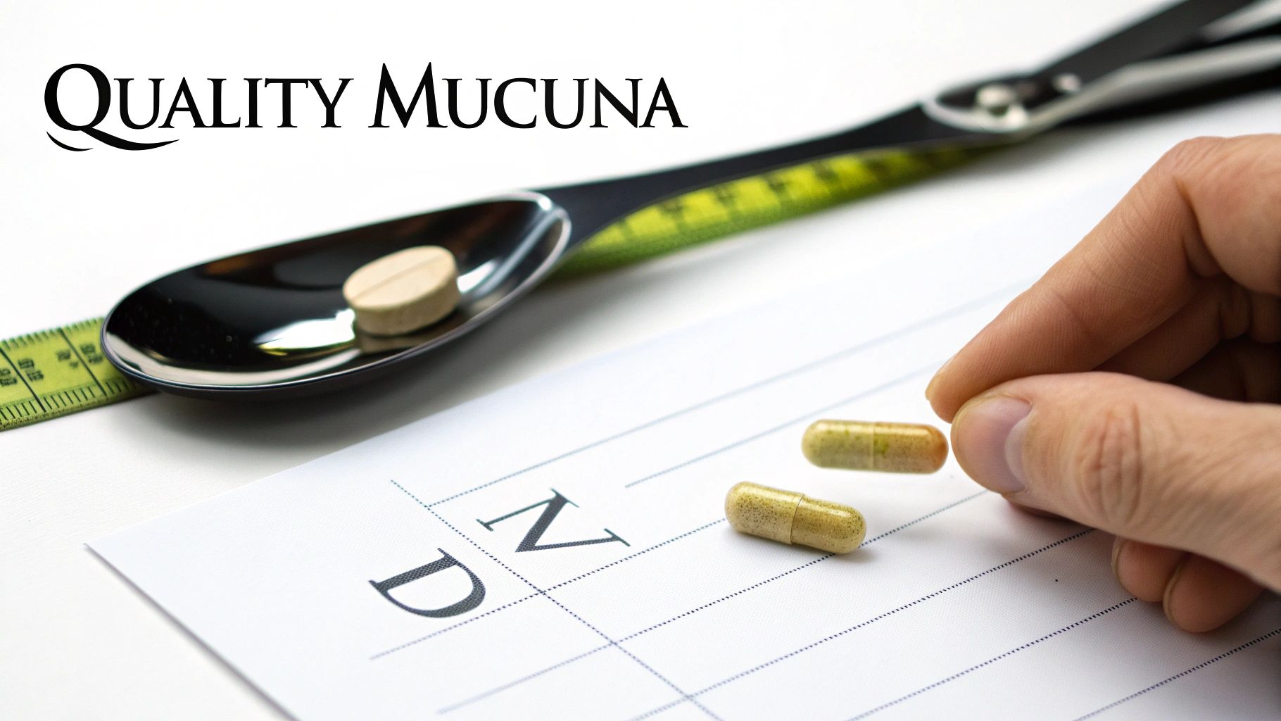 Close-up of a hand reaching for Mucuna capsules, with a pill on a measuring spoon and 'Quality Mucuna' text.