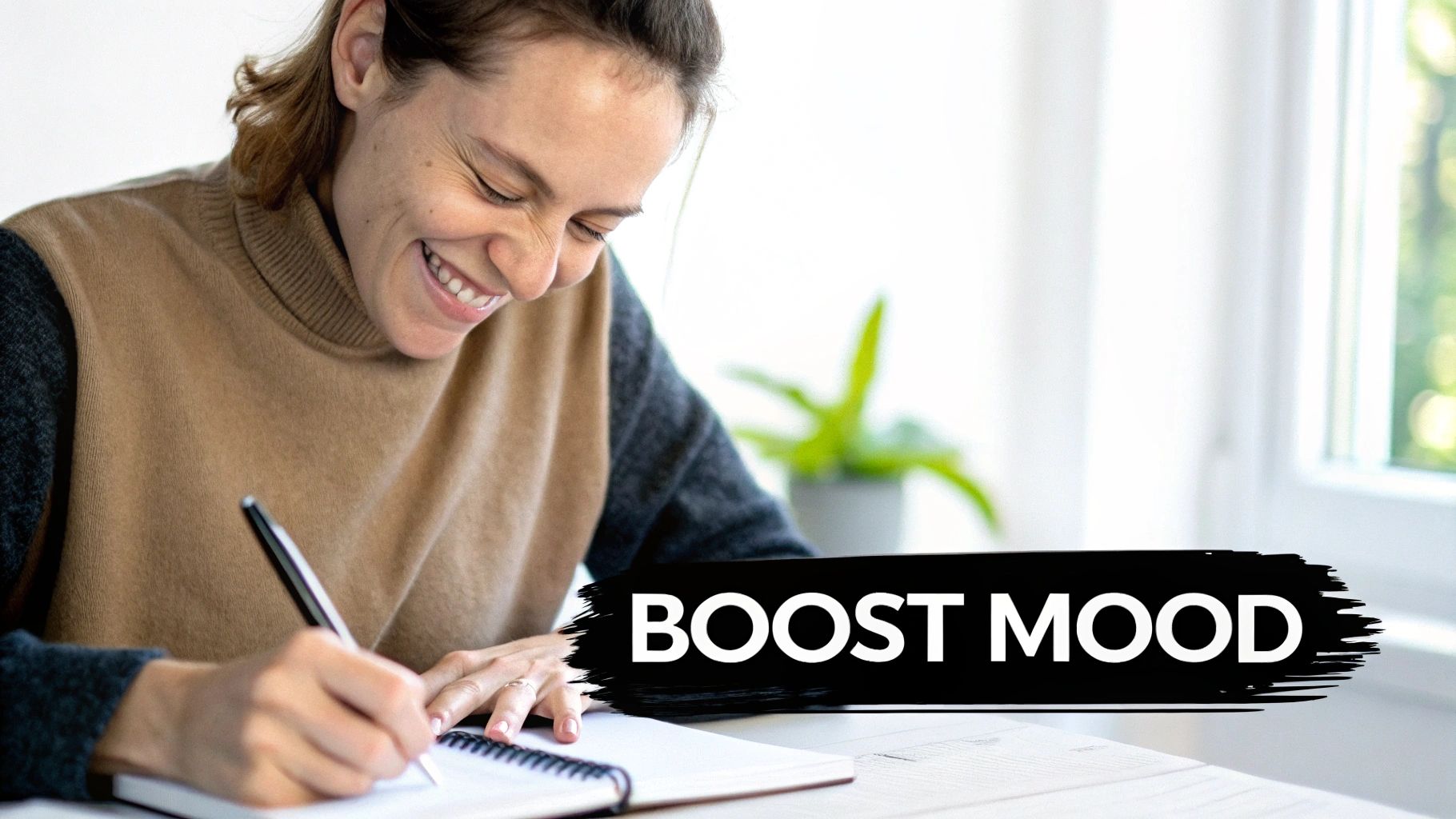 A smiling woman with short hair happily writes in a notebook, boosting her mood.