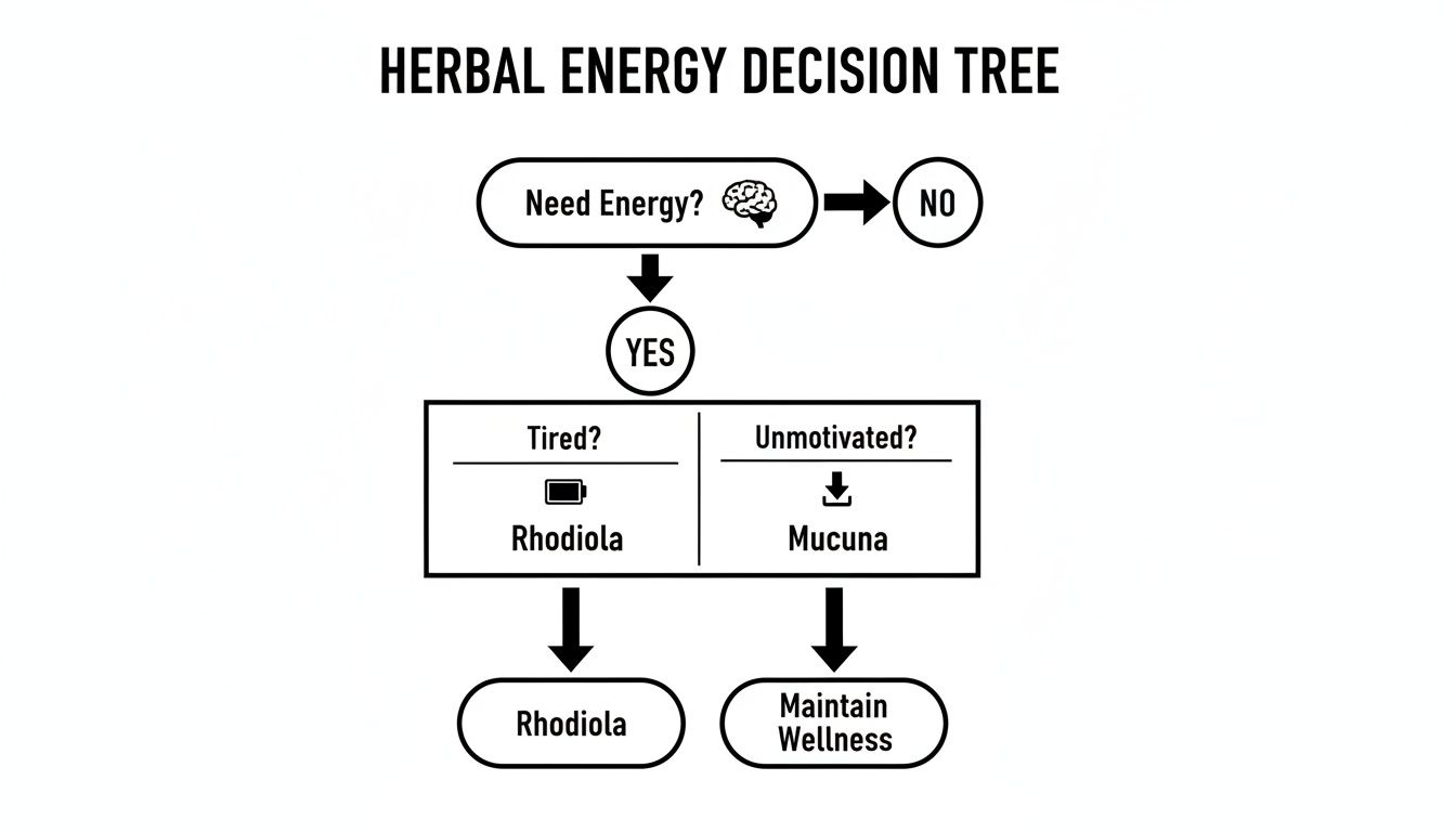 A flowchart titled 'Herbal Energy Decision Tree' outlines herbal recommendations for energy and motivation.