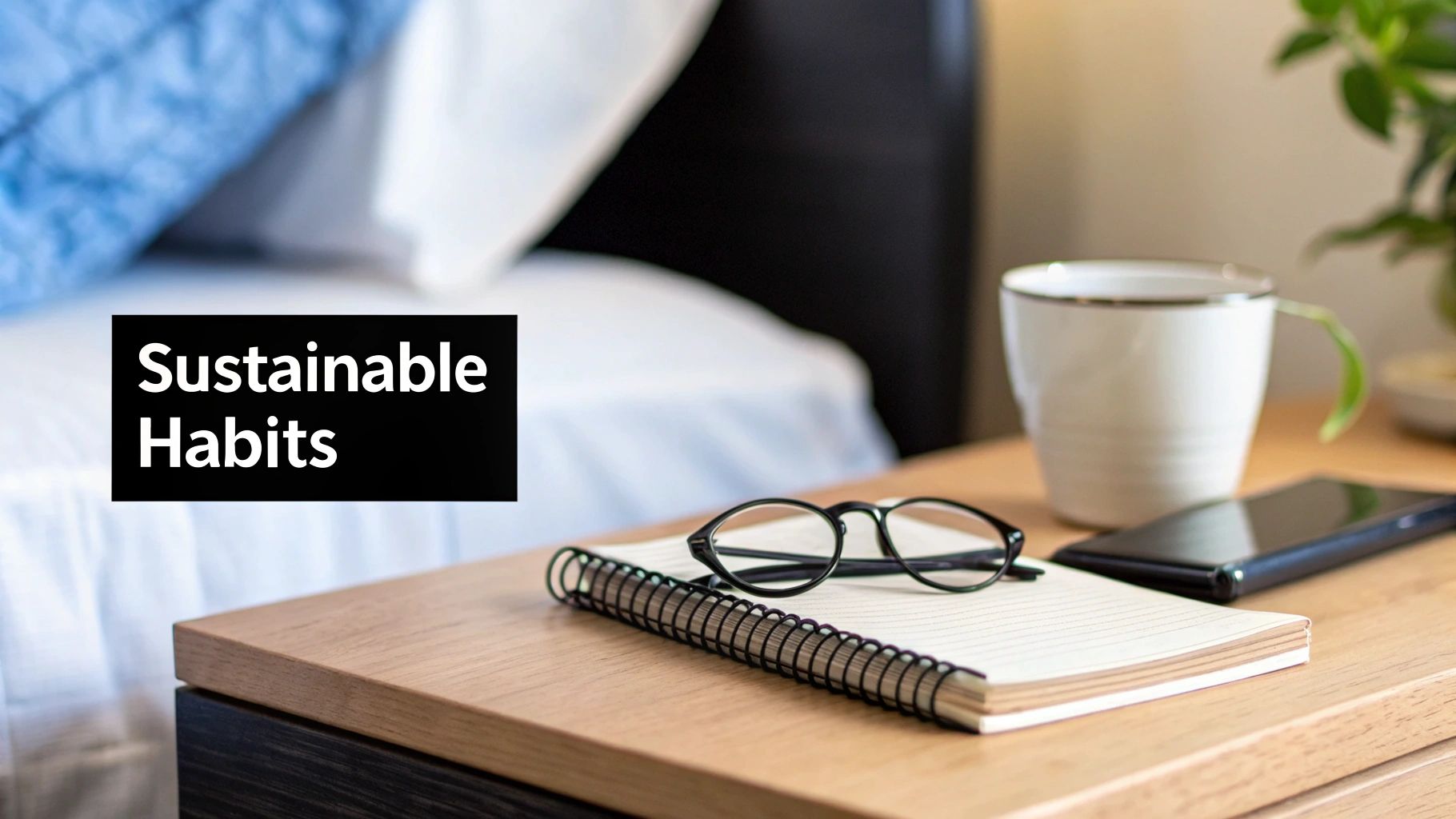 A cozy bedside setup featuring a notebook, reading glasses, a smartphone, and a mug, with 'Sustainable Habits' text overlay.