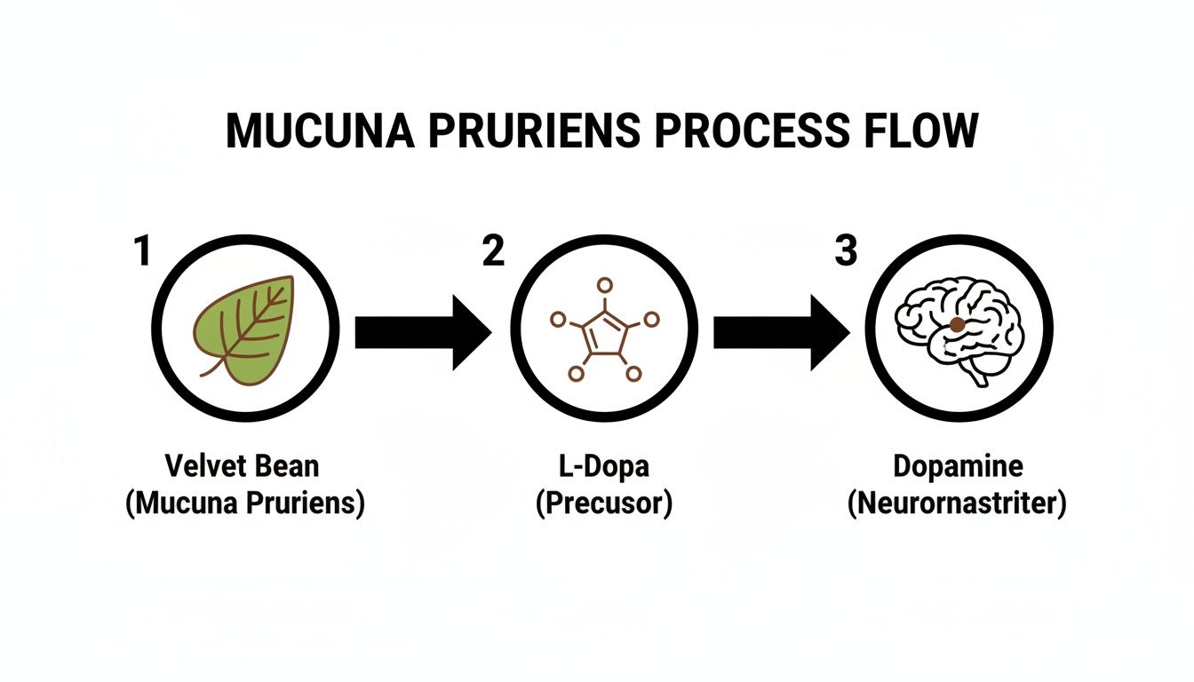 A diagram illustrating the process flow from Mucuna Pruriens (velvet bean) to L-Dopa, then to Dopamine in the brain.