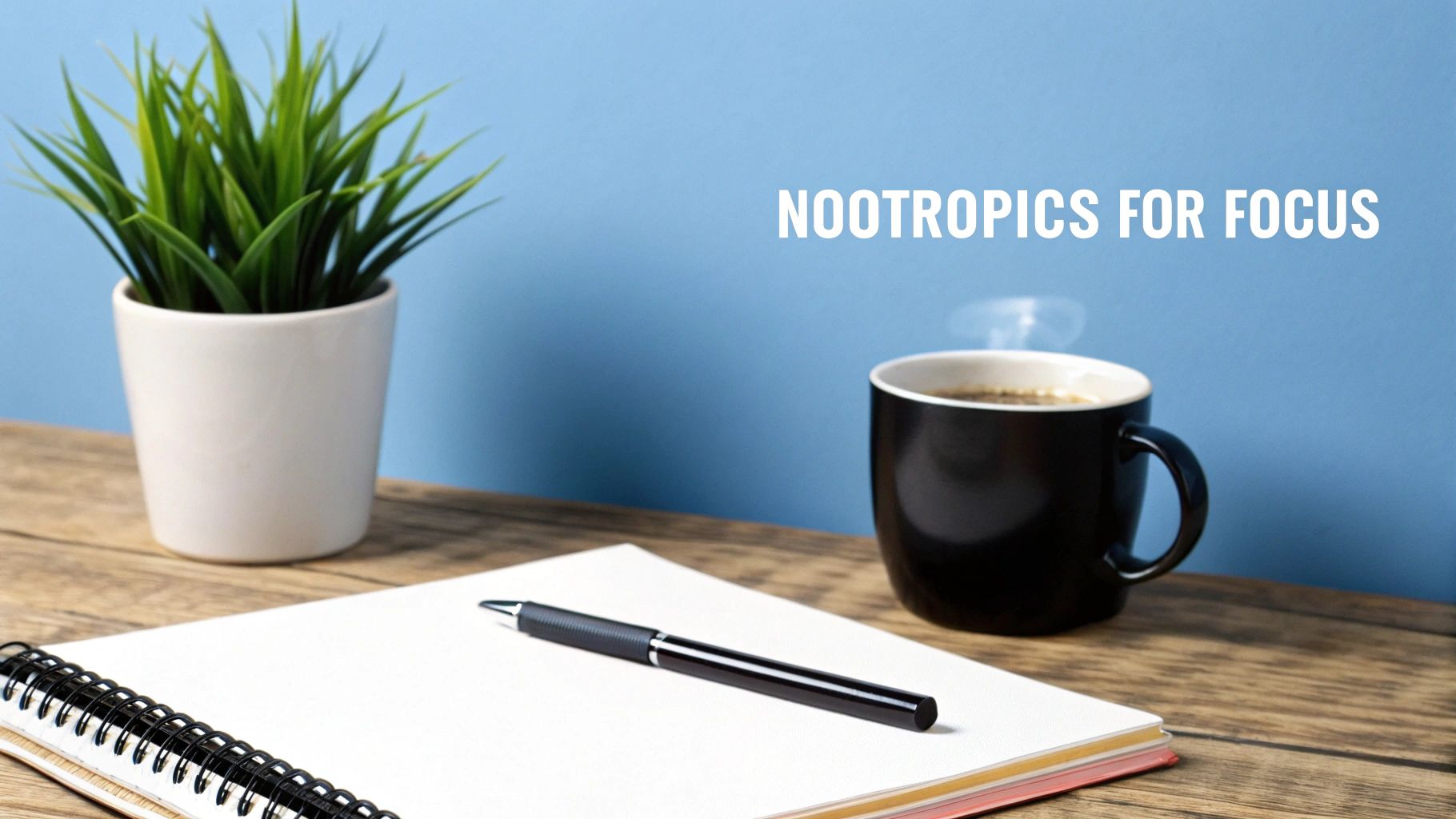 An office desk with a potted plant, steaming coffee, a notebook, and pen, showing "NOOTROPICS FOR FOCUS".