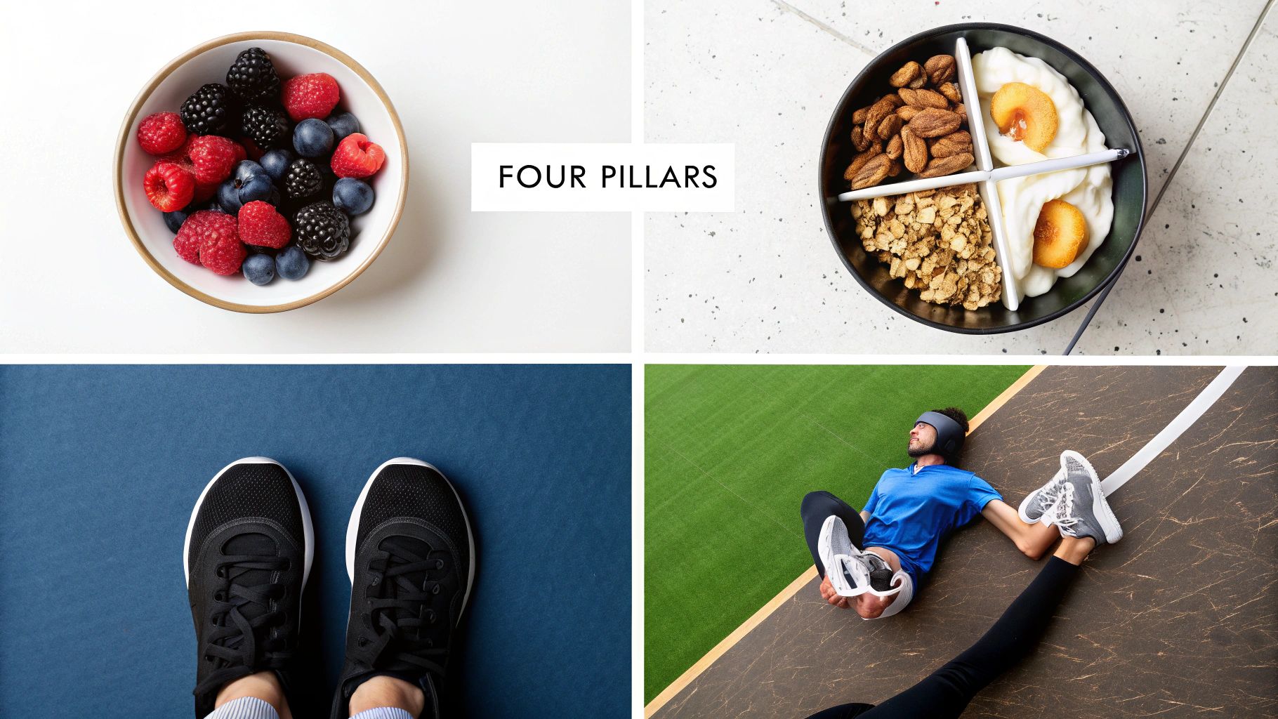 Four panels showing mixed berries, a breakfast bowl, and people exercising, illustrating four pillars of wellness.