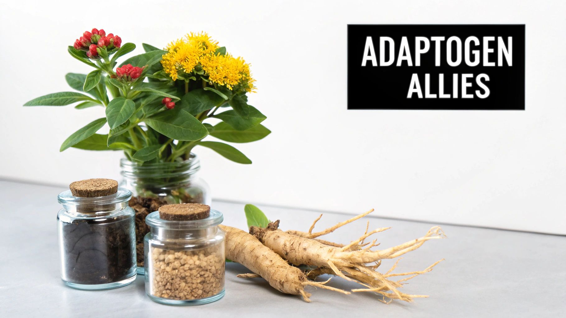 A collection of adaptogenic herbs like Ashwagandha root, Rhodiola, and Ginseng arranged on a wooden surface.