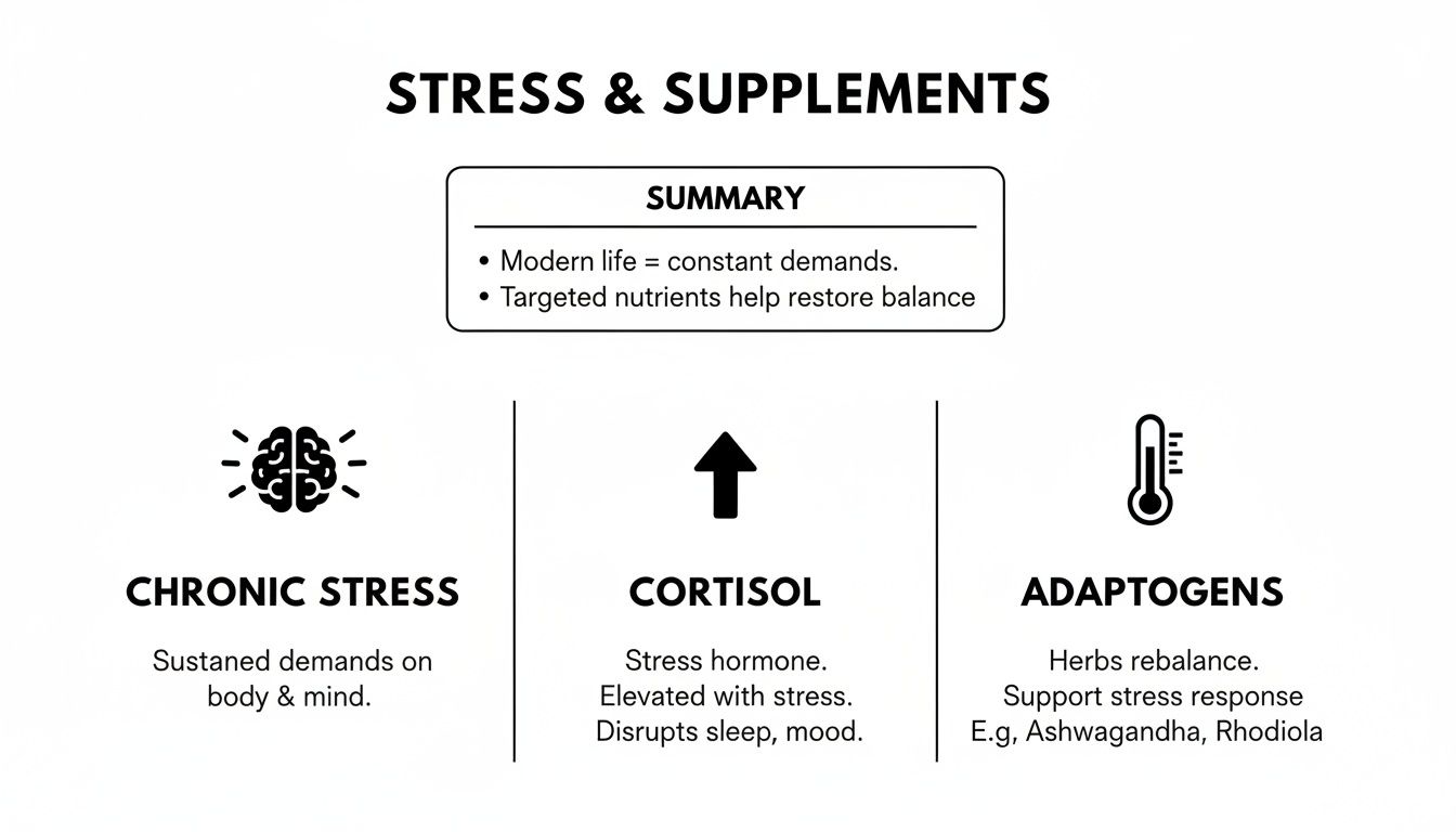 Infographic illustrating chronic stress, cortisol, and adaptogens as natural stress relief supplements.