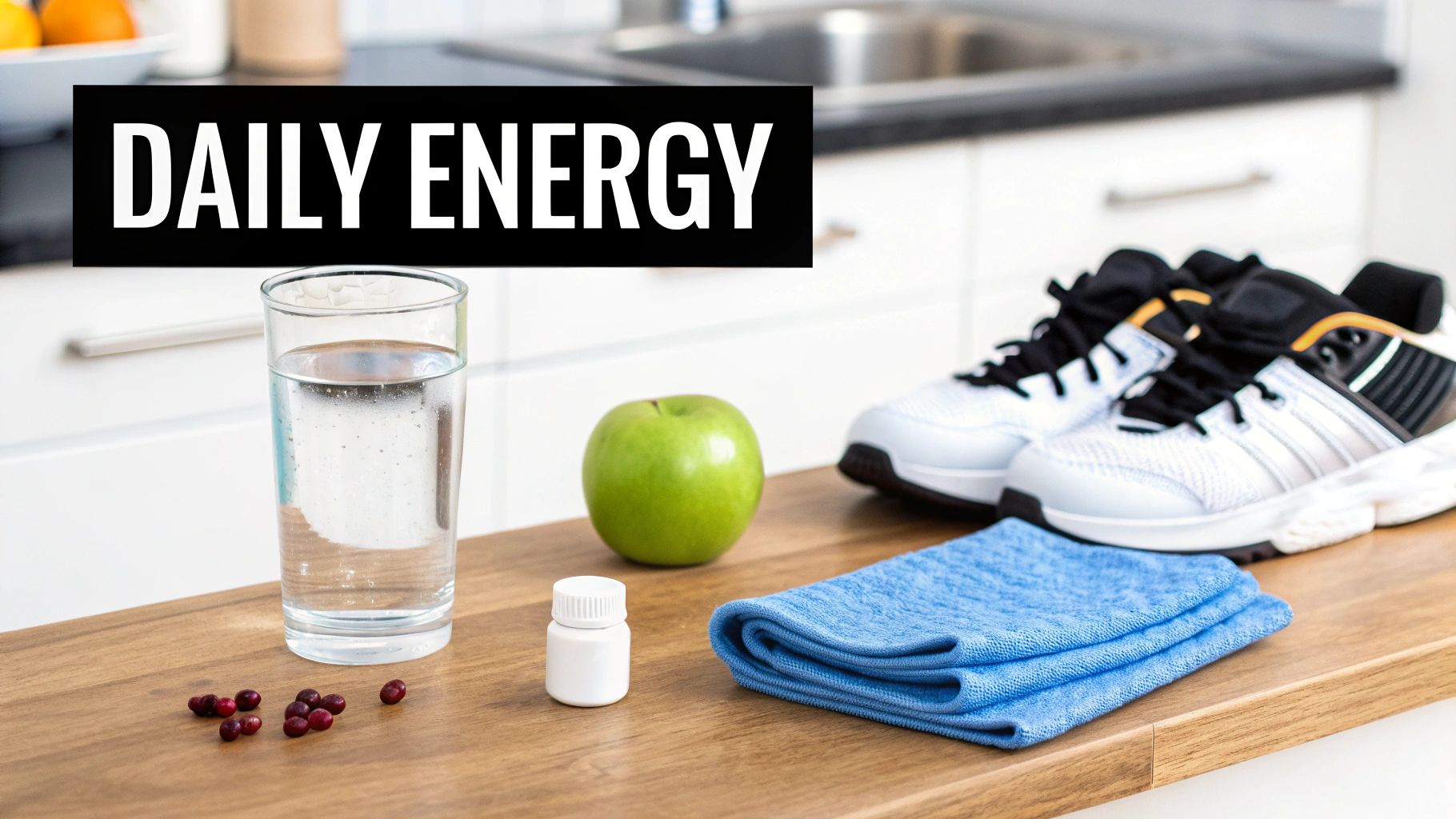 A glass of water, green apple, sneakers, and supplements on a counter, promoting daily energy and health.