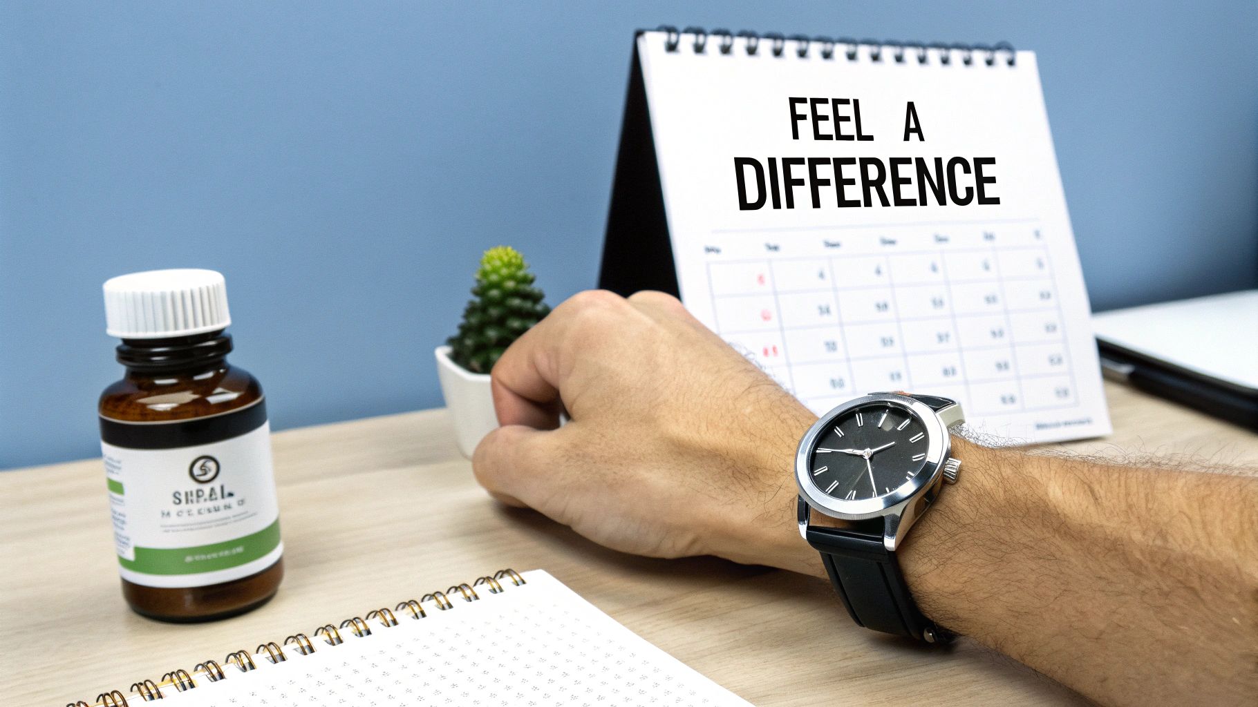A person's hand with a watch on a wooden desk next to a supplement bottle and 'FEEL A DIFFERENCE' calendar.