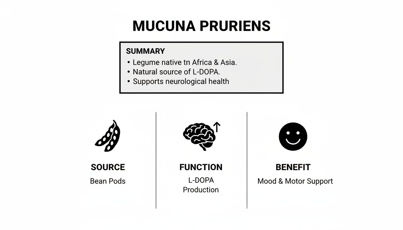 Infographic detailing Mucuna Pruriens: its source (bean pods), L-DOPA function, and benefits for mood and motor support.