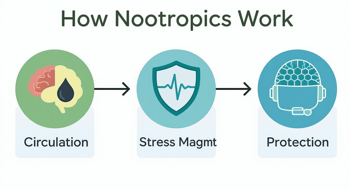 Diagram illustrating how nootropics work: circulation, stress management, and brain protection.