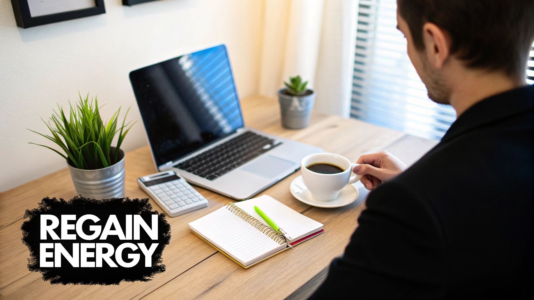 A man is sitting at a desk with a laptop and coffee, with text 'REGAIN ENERGY'.