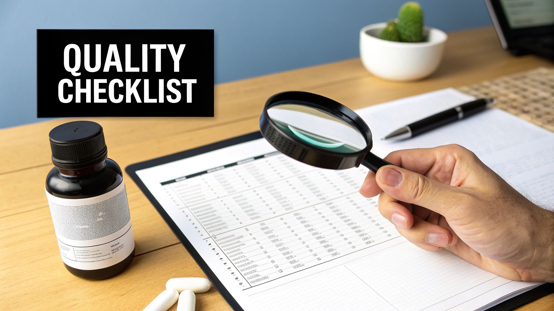 A hand inspects a quality checklist with a magnifying glass, next to a supplement bottle and pills.