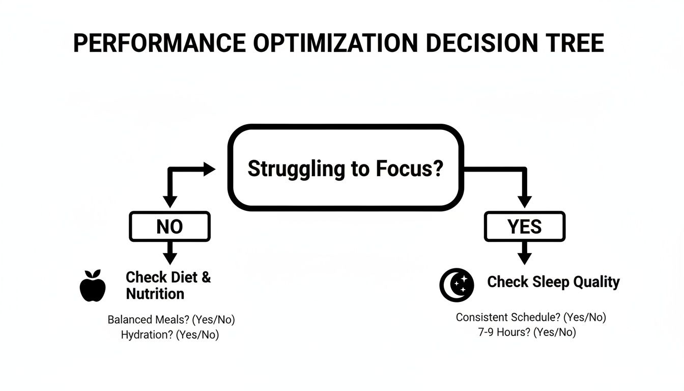 A performance optimization decision tree guides actions for struggling focus, addressing diet, nutrition, and sleep quality.