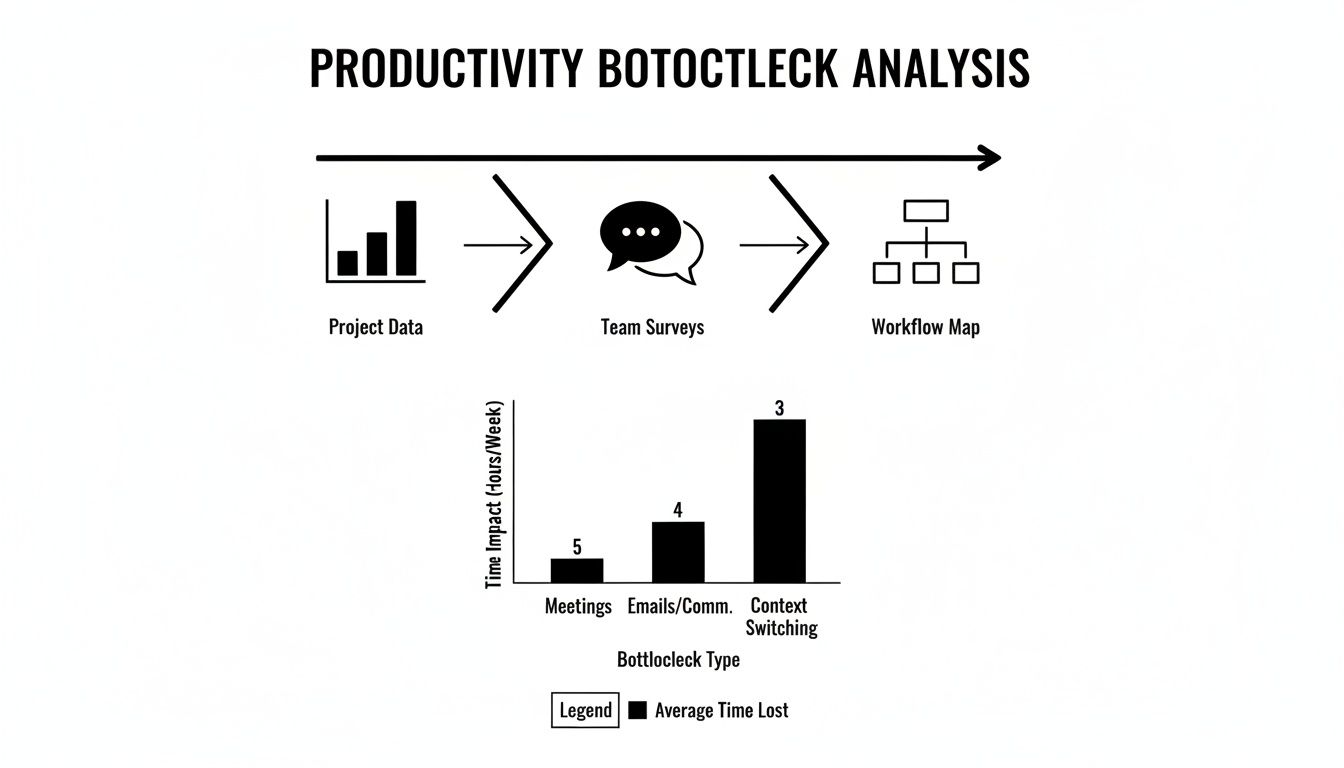 A chart showing productivity bottleneck analysis, detailing average time lost per week from meetings, emails, and context switching.