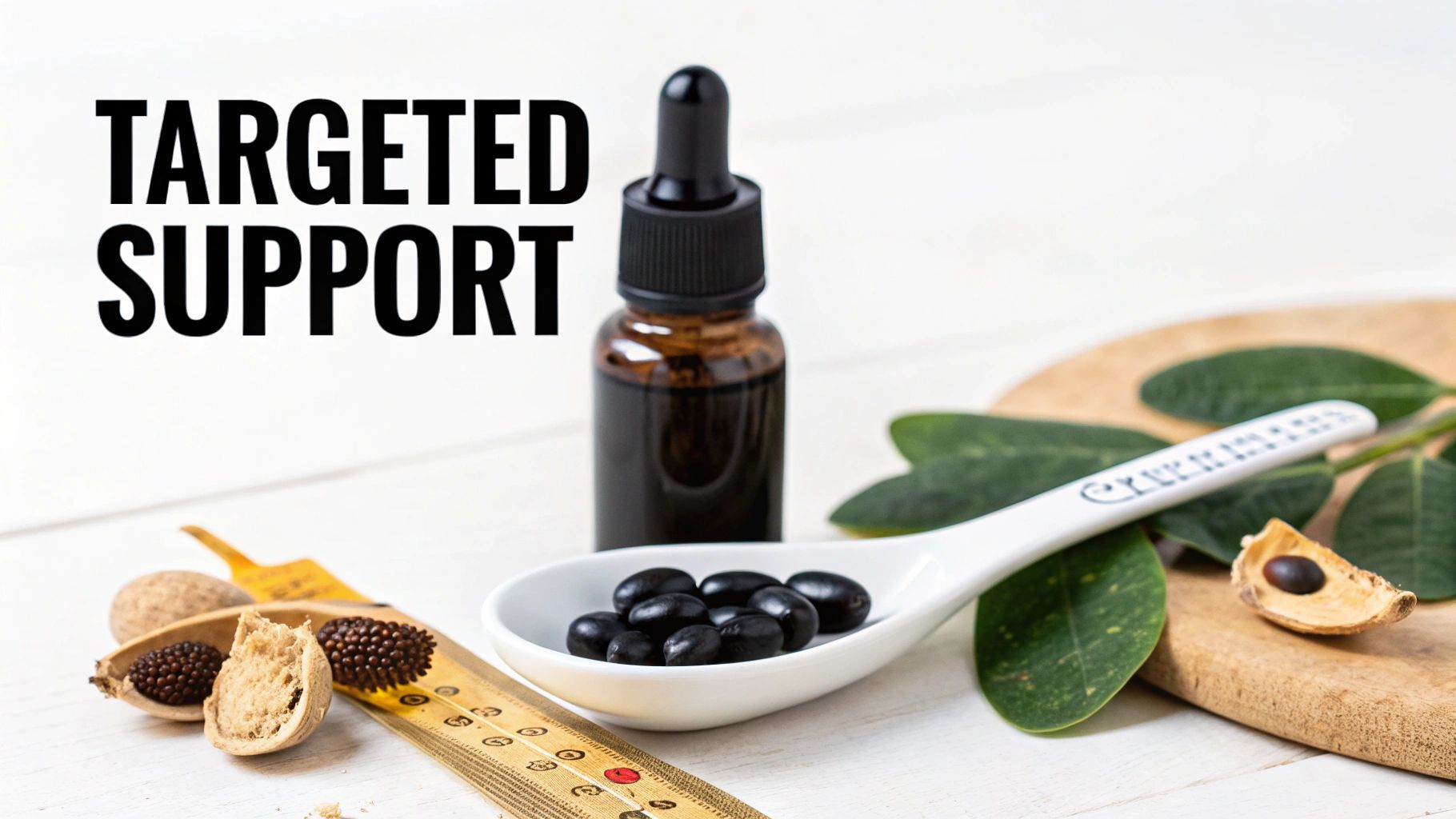 A brown dropper bottle, a spoon with black pills, natural pods, and green leaves, with 'TARGETED SUPPORT' text.