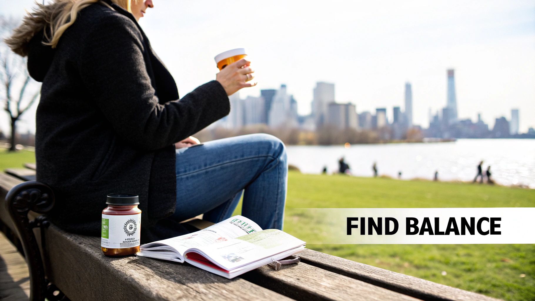 Person relaxing on a park bench with a city view, holding a drink, next to a supplement jar and book.