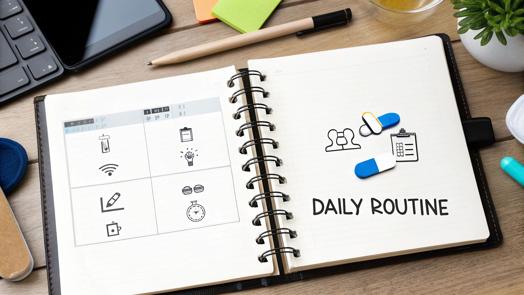 Overhead view of a notebook open to a daily routine planner with health and task icons.