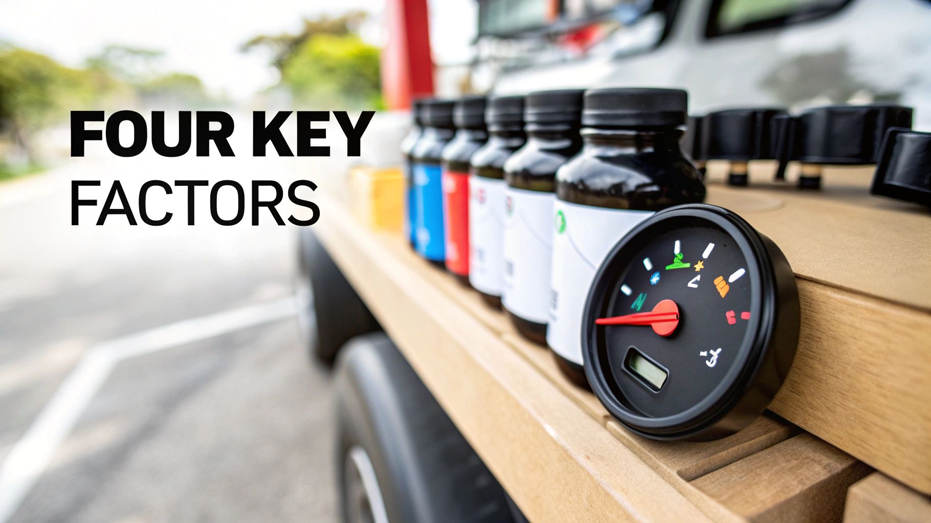 Bottles of supplements and a gauge with colorful icons, next to 'FOUR KEY FACTORS' text.