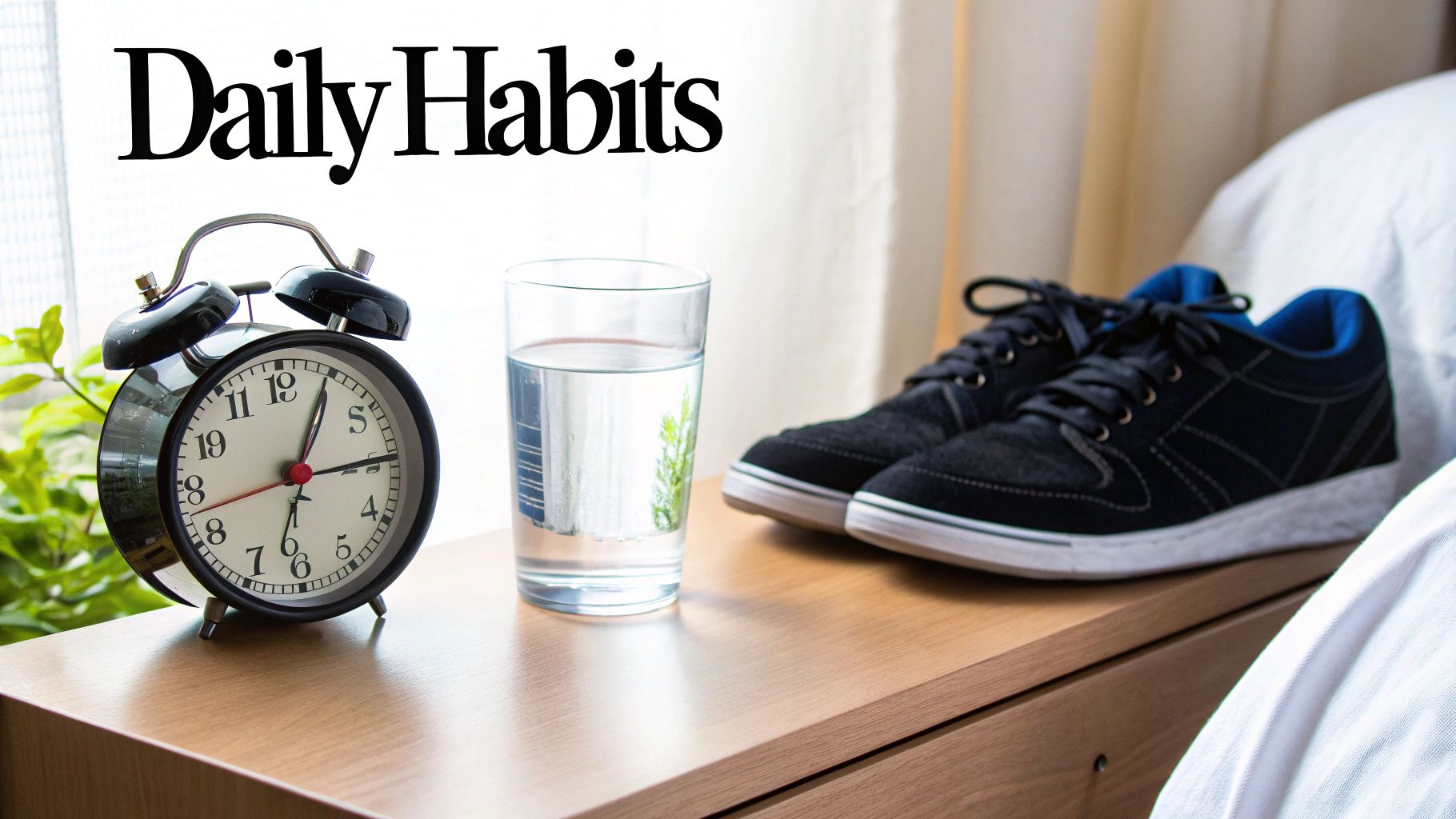 Alarm clock, water glass, and sneakers on a nightstand, highlighting daily morning habits and routines.