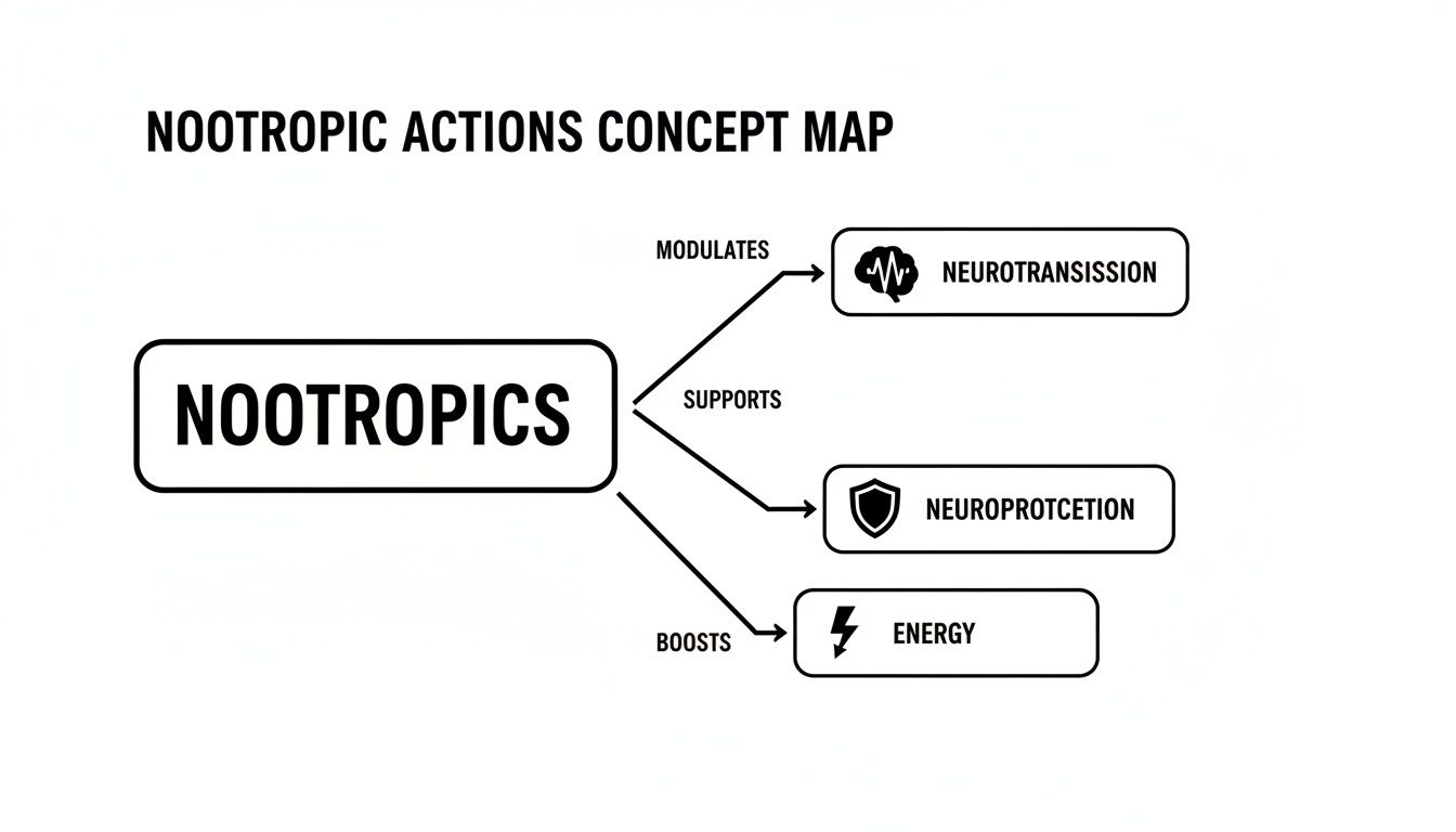 Concept map illustrating nootropic actions: modulating neurotransmission, supporting neuroprotection, and boosting energy.