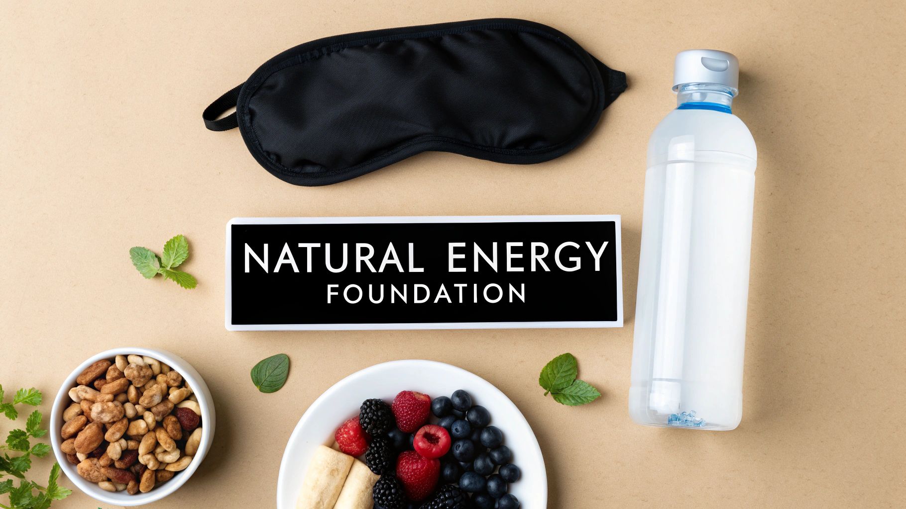 Overhead view of items for natural energy: sleep mask, water bottle, nuts, berries, and 'Natural Energy Foundation' sign.