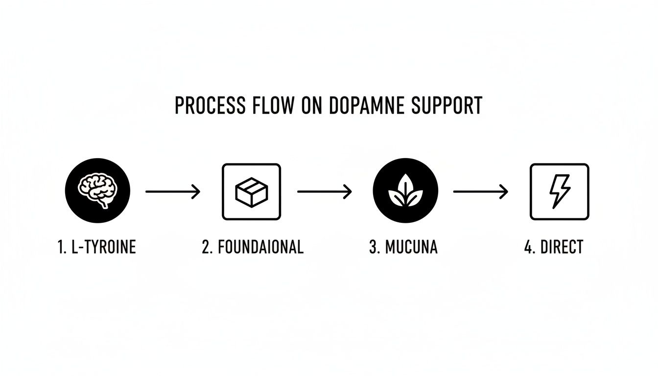 A flowchart illustrates the process flow for dopamine support, with steps: L-Tyrosine, Foundational, Mucuna, and Direct.